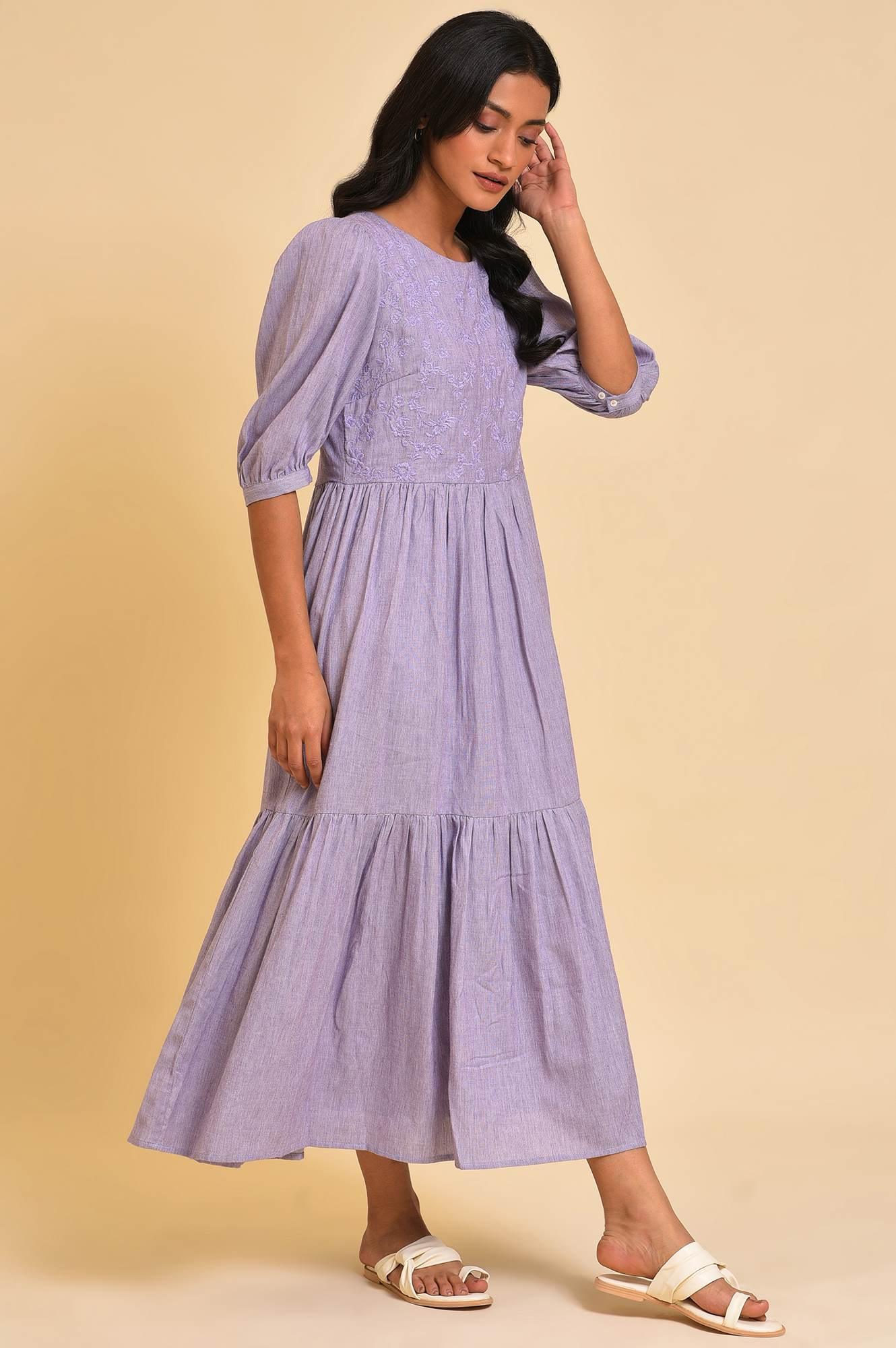 Light Purple Embroidered Tiered Chambray Dress - wforwoman