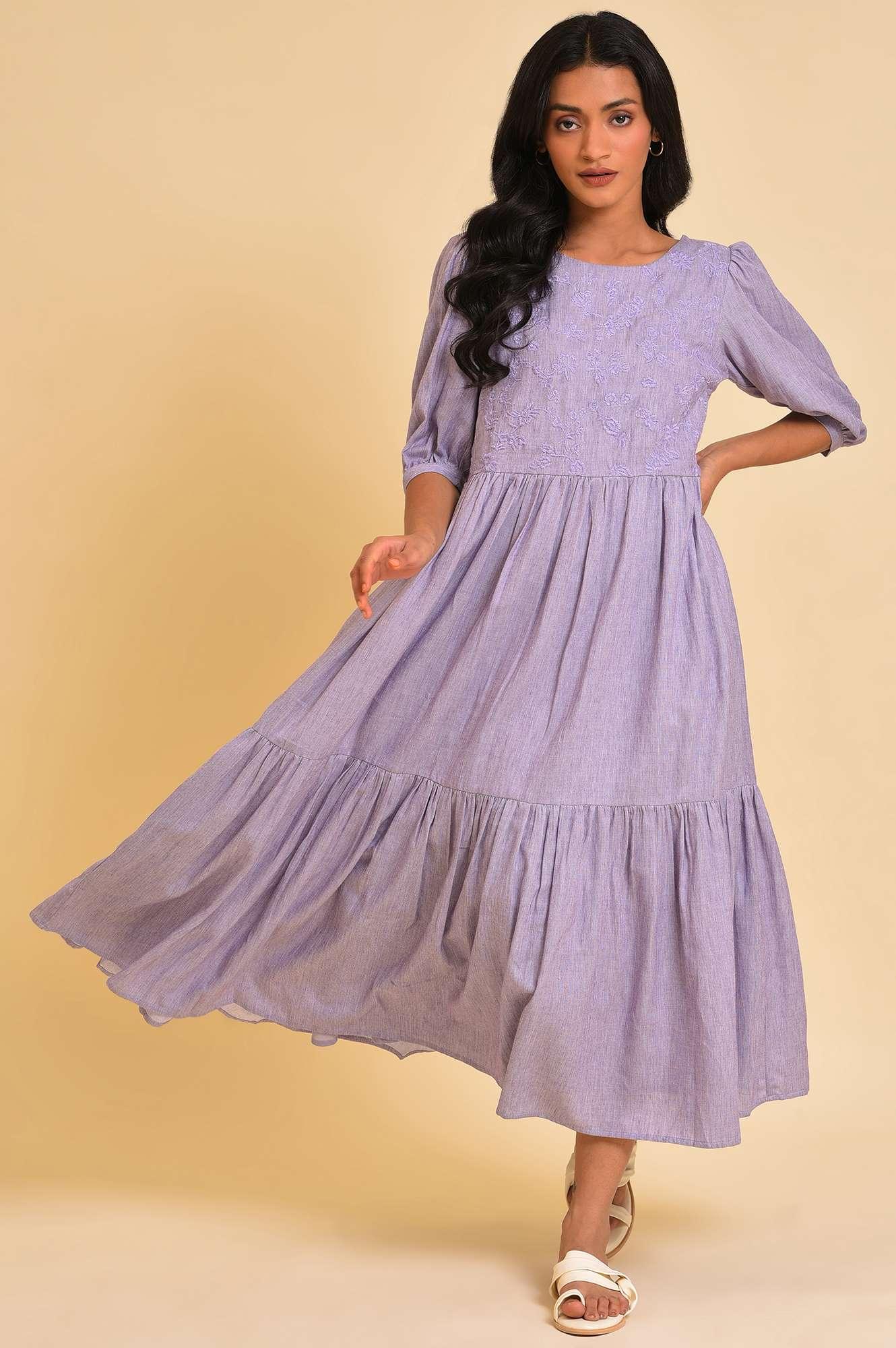 Light Purple Embroidered Tiered Chambray Dress - wforwoman