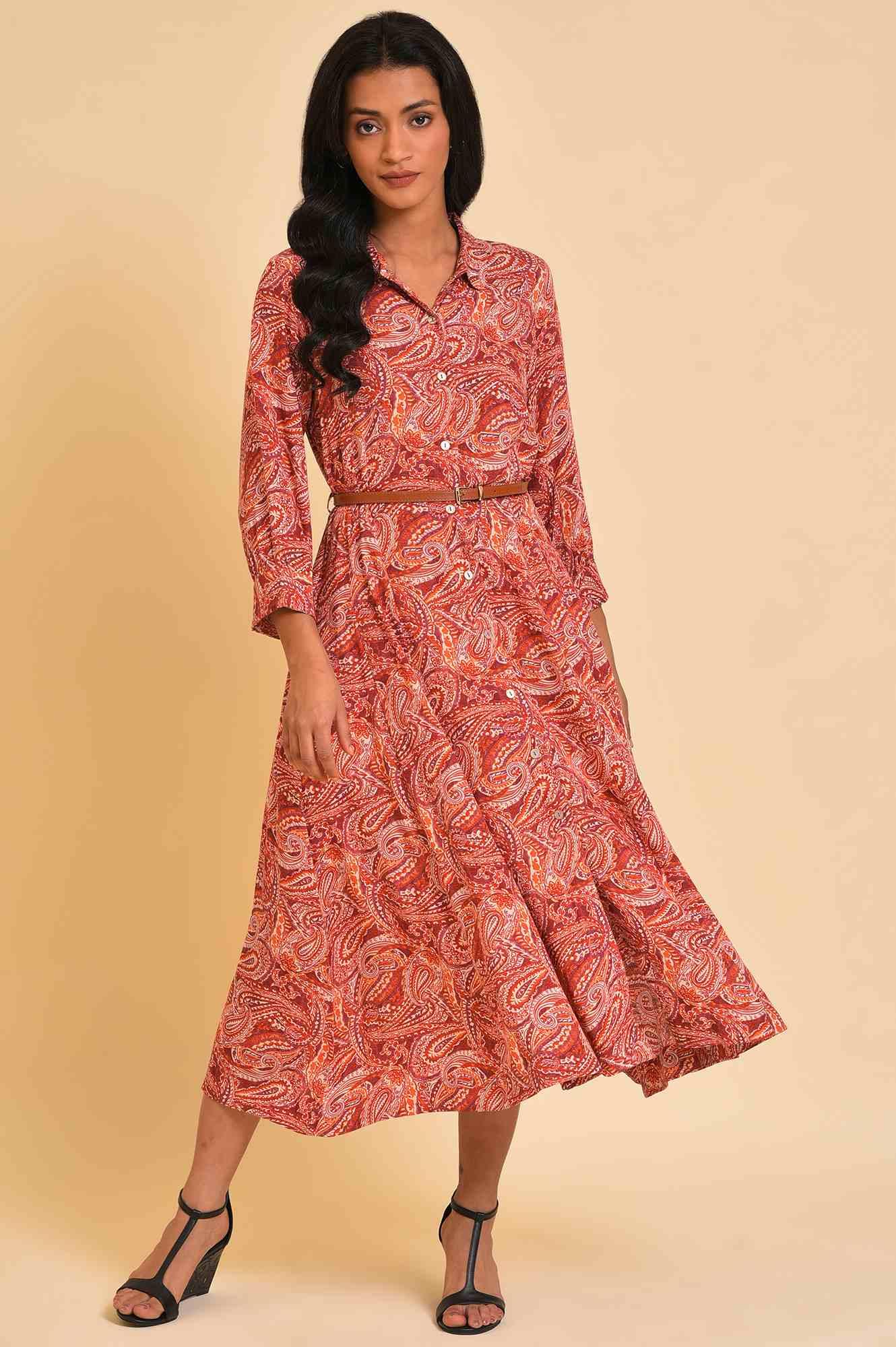 Red Paisley Print Long Shirt Dress - wforwoman