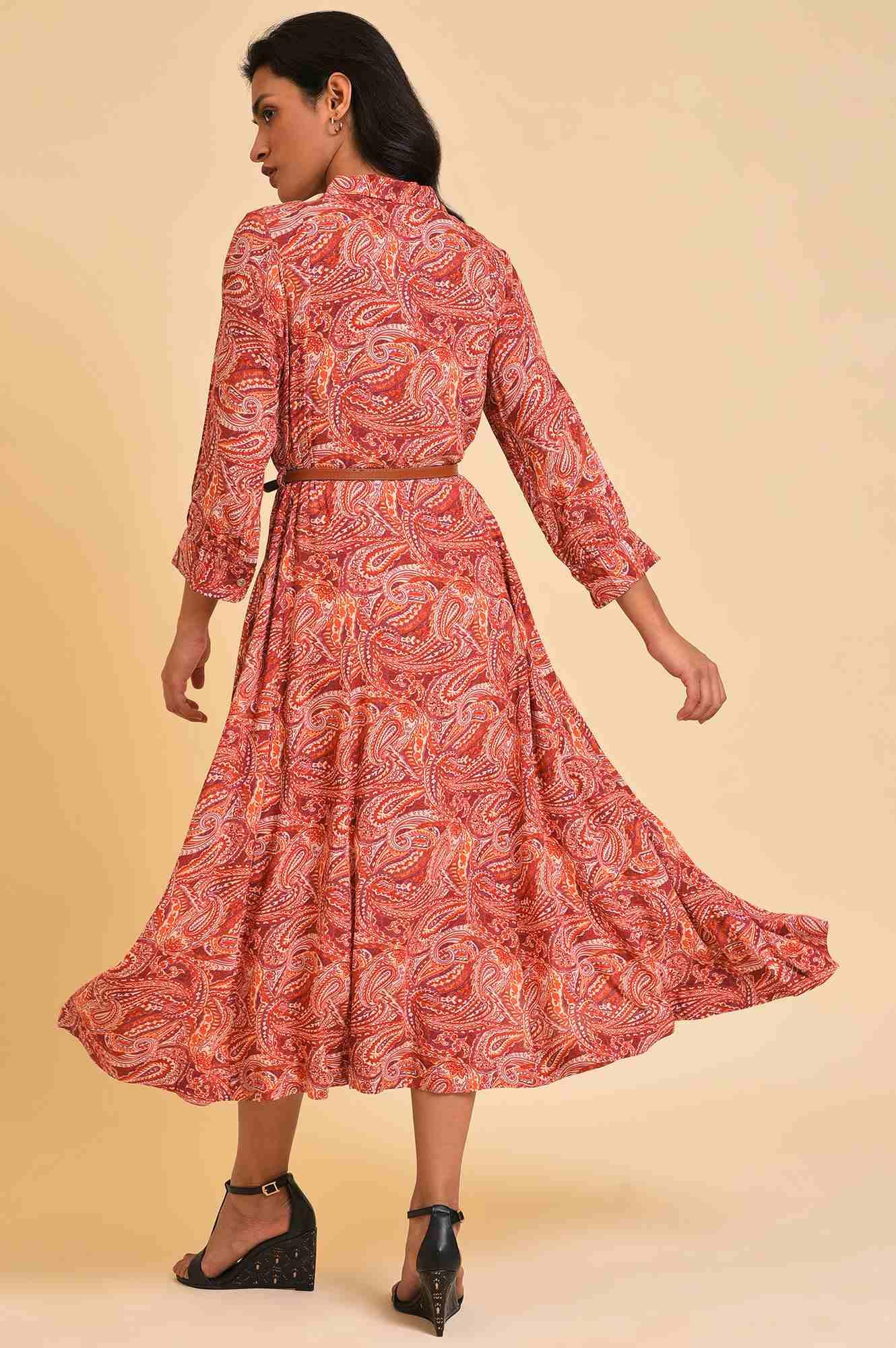 Red Paisley Print Long Shirt Dress - wforwoman
