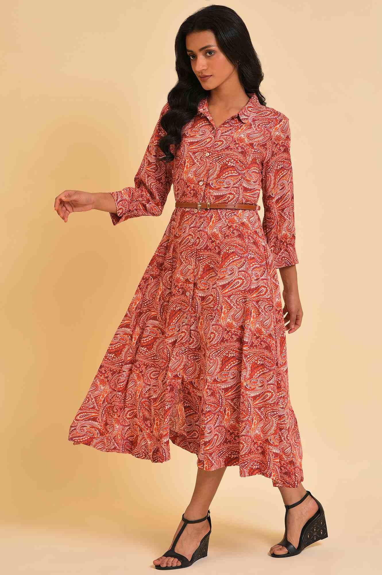 Red Paisley Print Long Shirt Dress - wforwoman