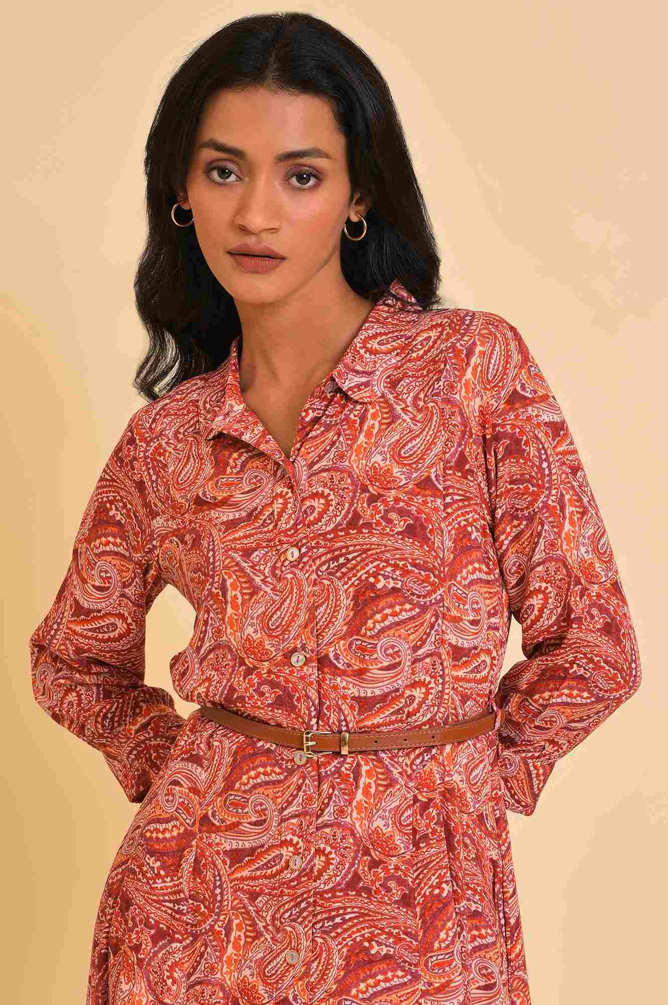 Red Paisley Print Long Shirt Dress - wforwoman