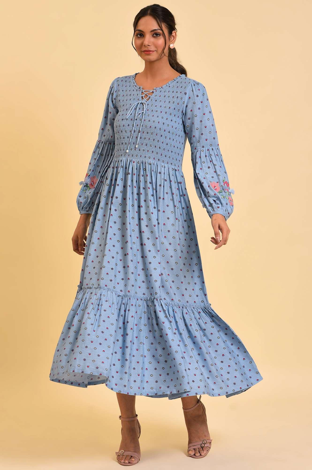 Light Blue Printed Tiered Long Dress - wforwoman