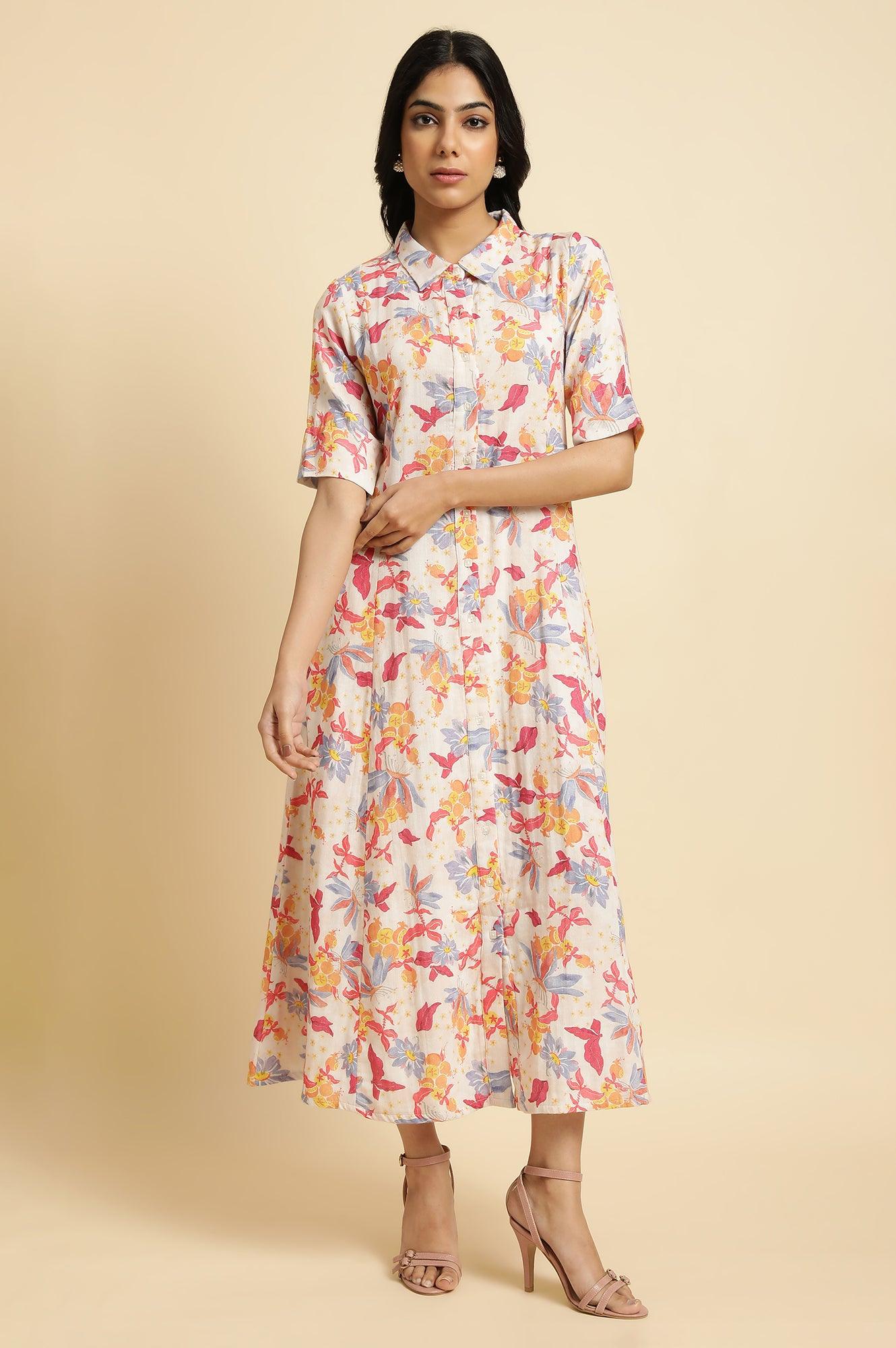 knee length dresses for ladies Buy Ecru Floral Printed Cotton Long Shirt Dress Online for Woman