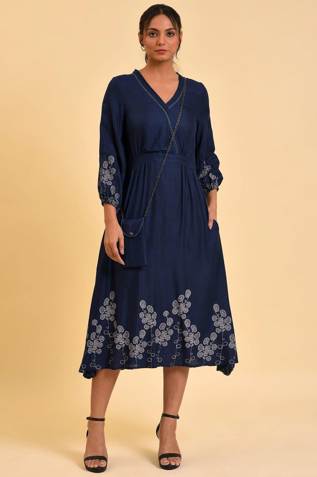 Blue Mock Layer Western Dress With Slim Bag - wforwoman