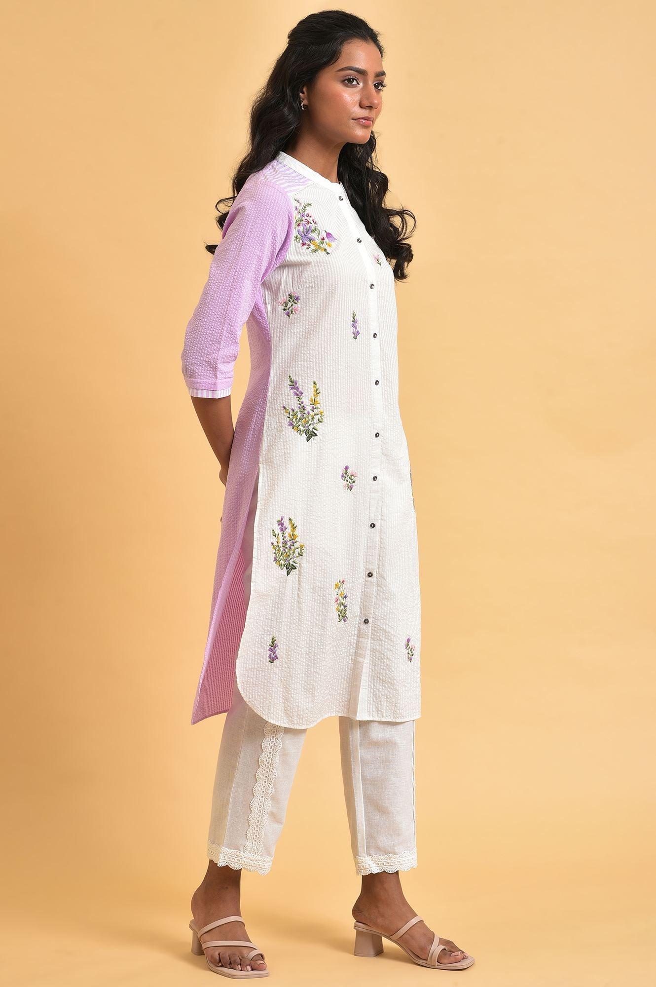 White And Light Purple Seer Sucker Embroidered Summer kurta - wforwoman