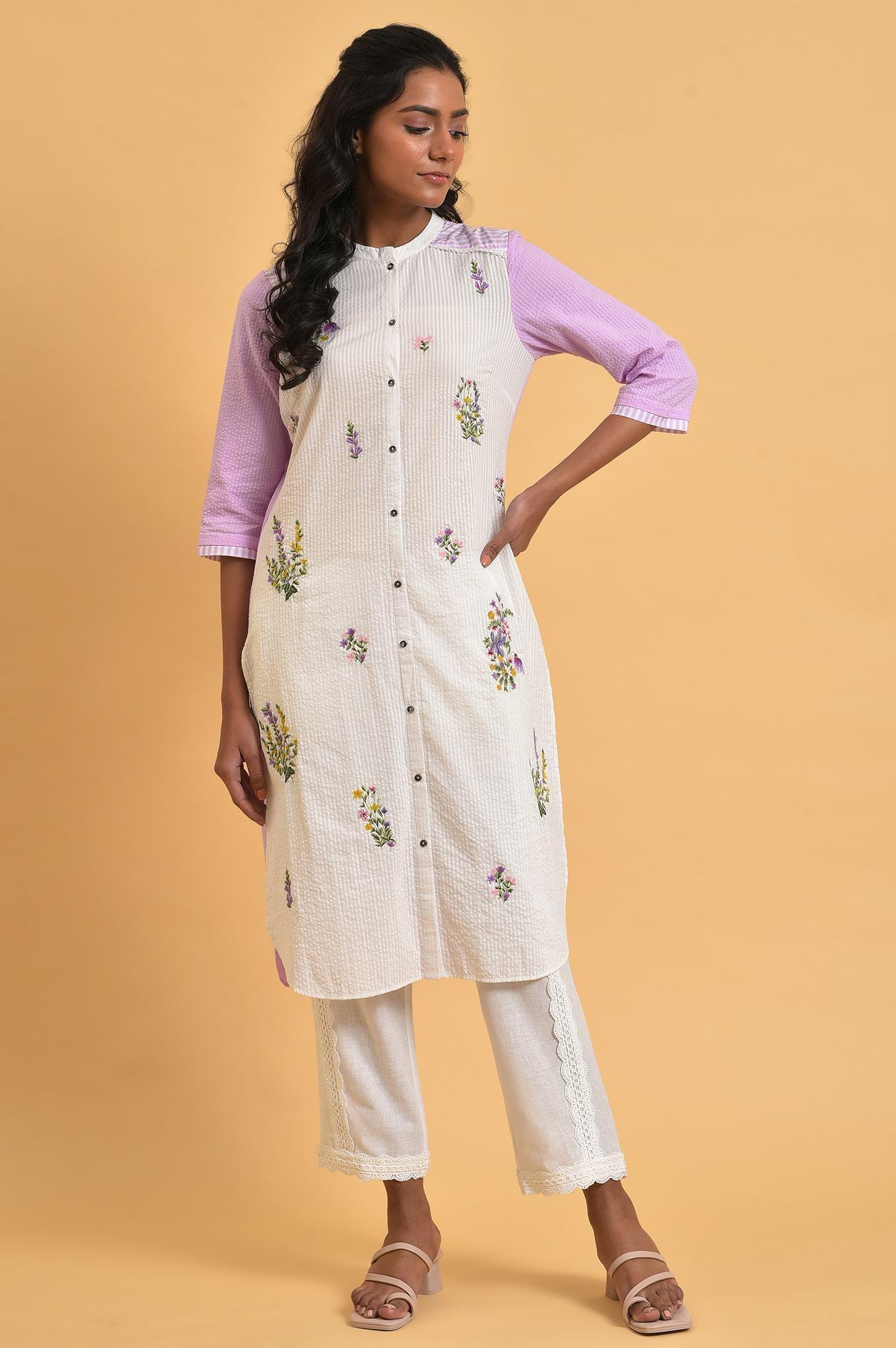 White And Light Purple Seer Sucker Embroidered Summer kurta - wforwoman