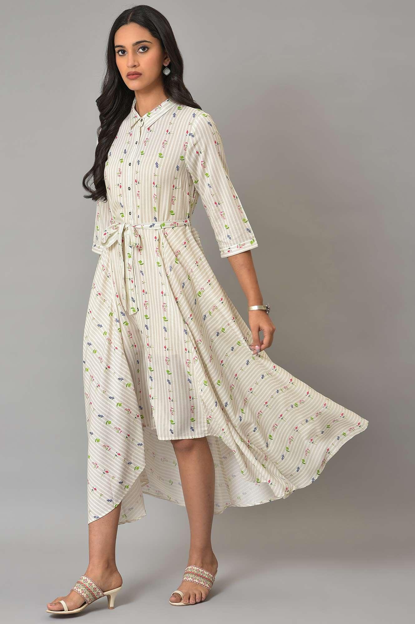 Ecru Printed Summer Shirt Dress - wforwoman