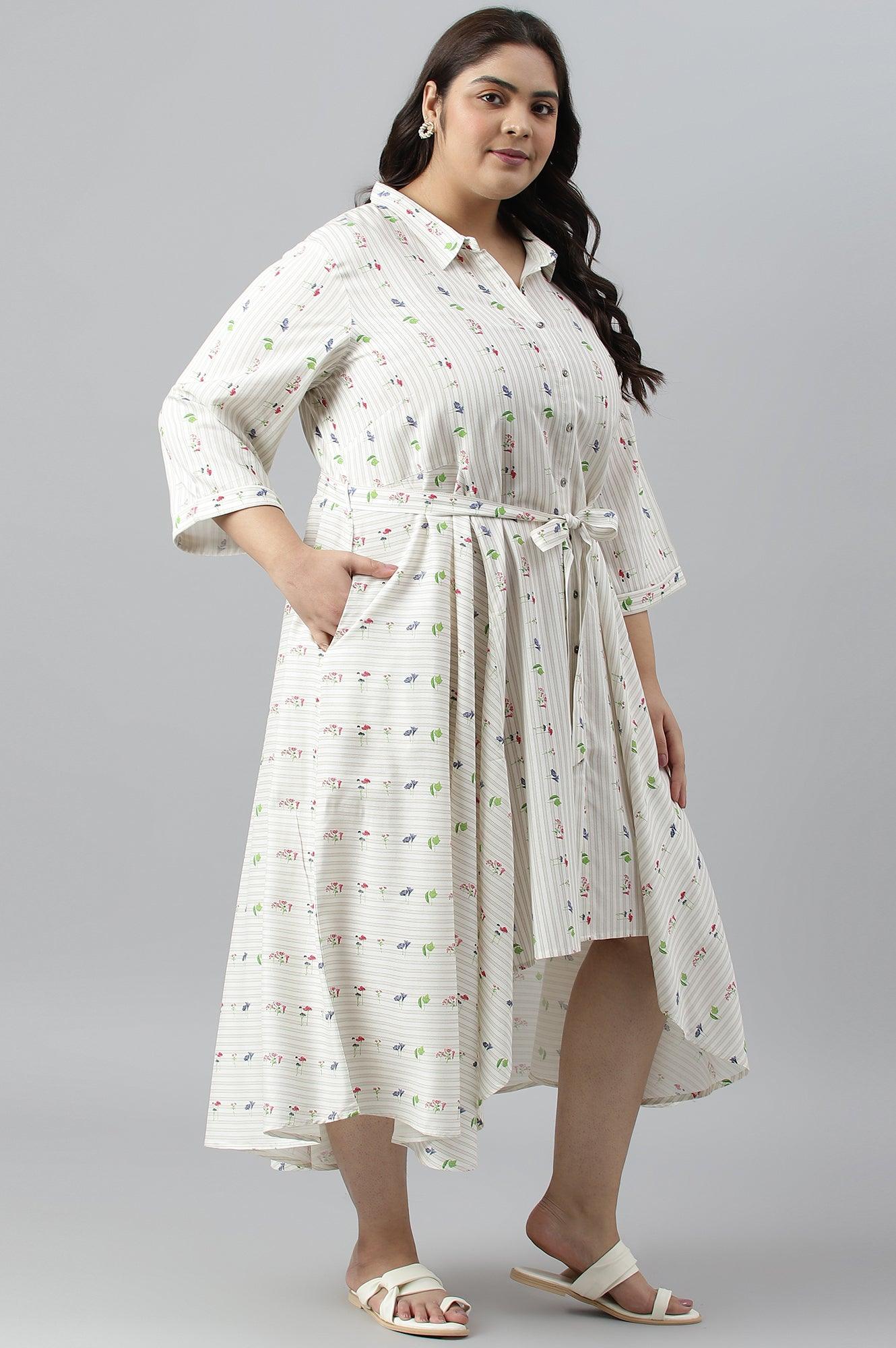 Ecru Printed Summer Plus Size Shirt Dress - wforwoman