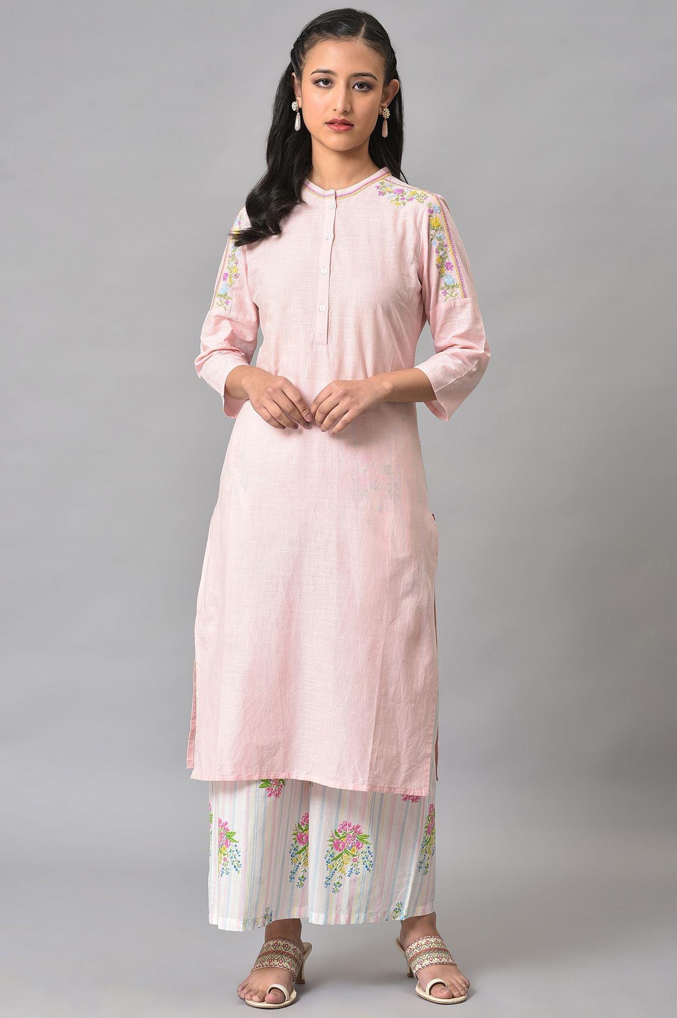 Light Pink Mandarin Collar kurta With Embroidery - wforwoman