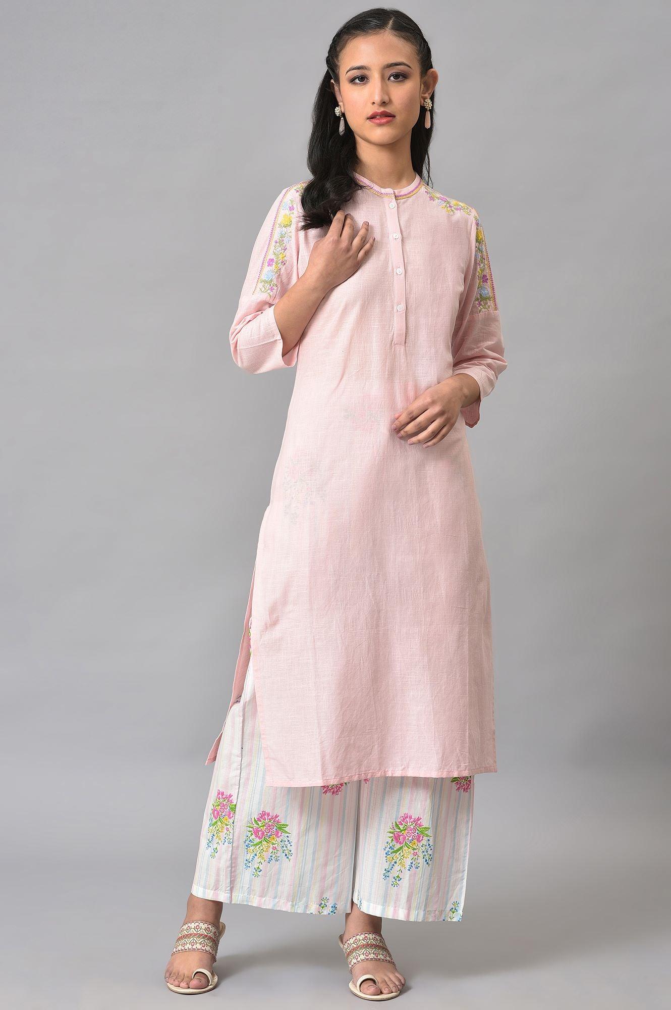 Light Pink Mandarin Collar kurta With Embroidery - wforwoman
