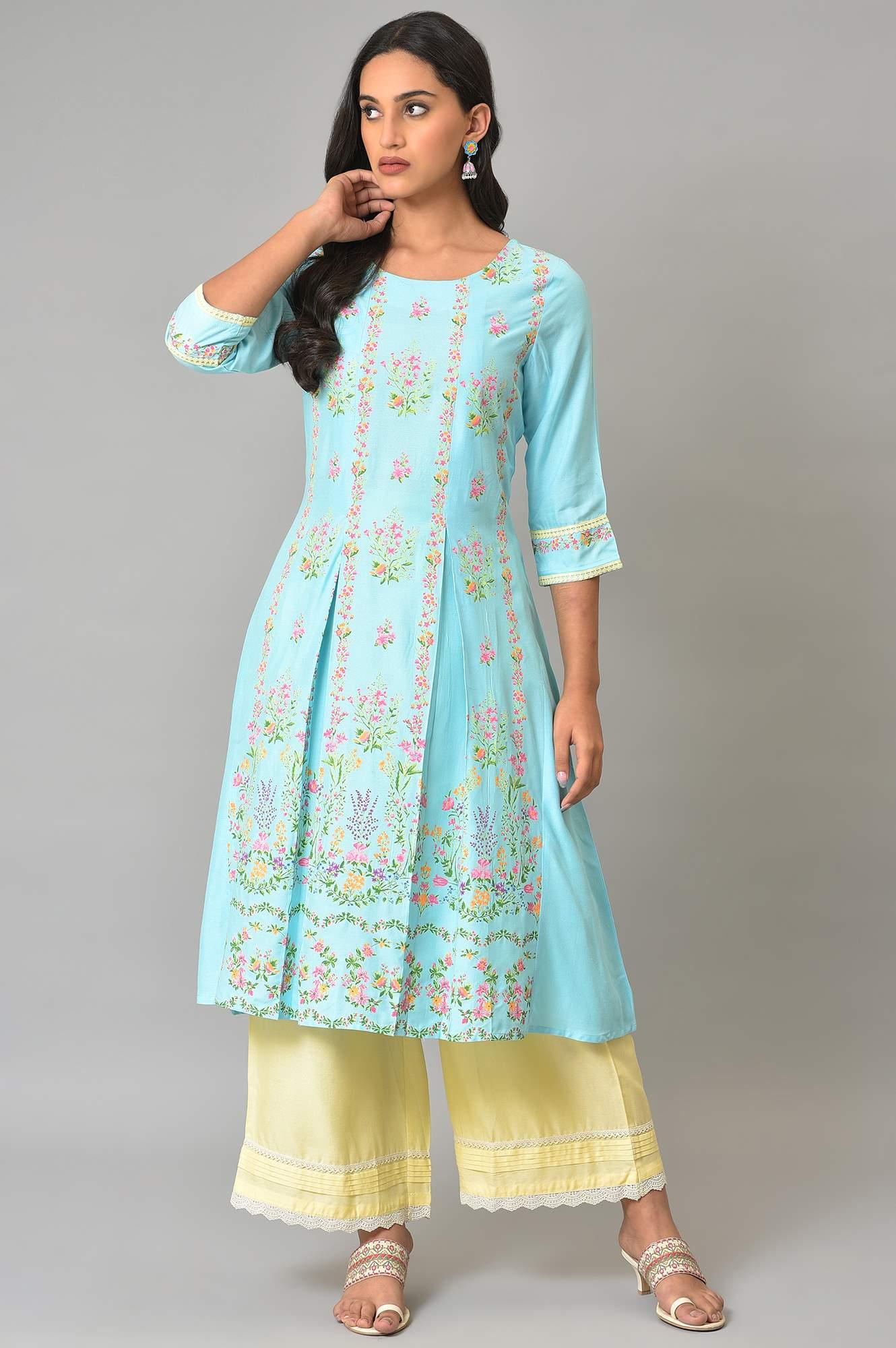 Blue Floral Printed A-Line Front Pleated kurta - wforwoman