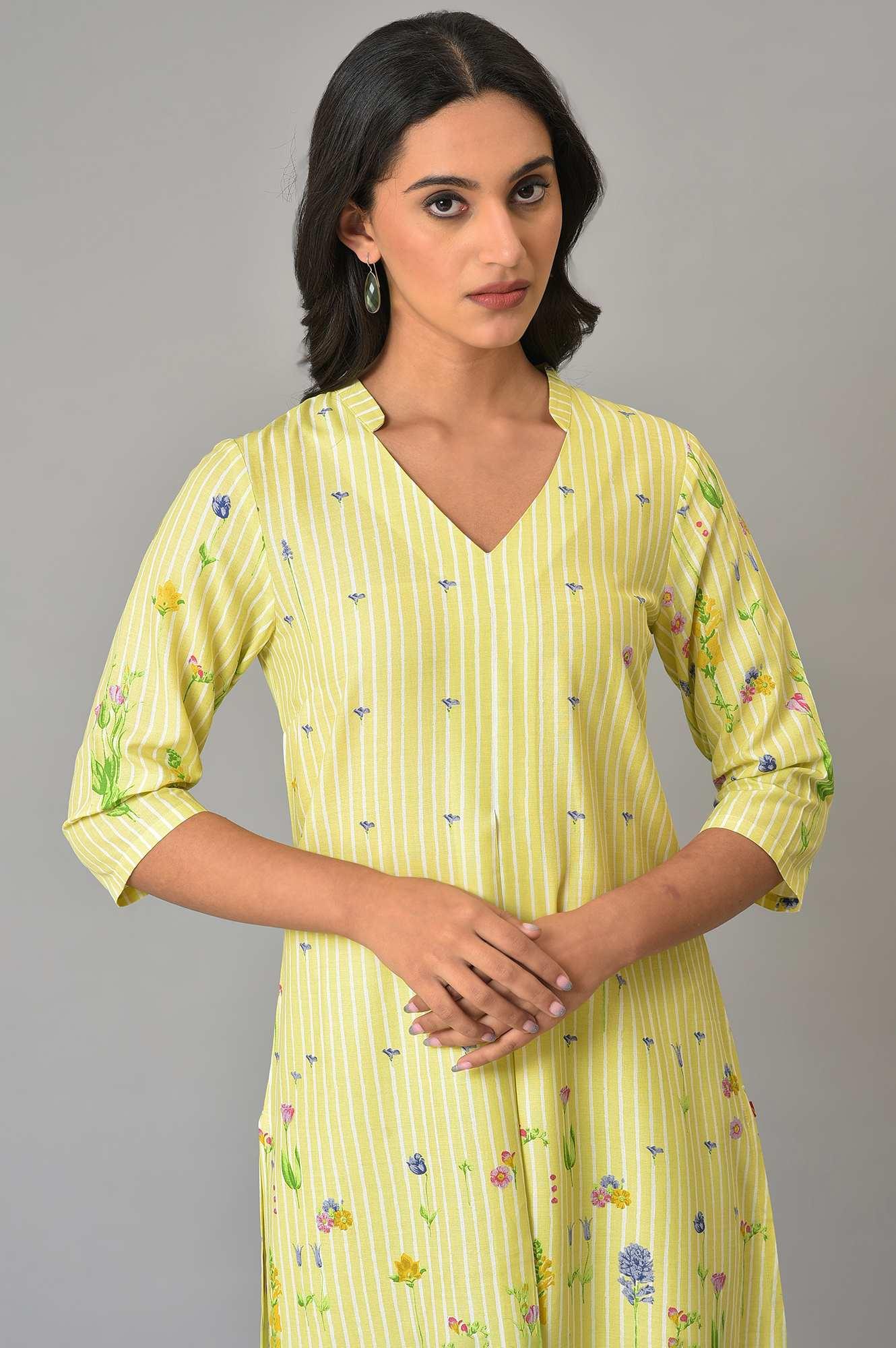 Green A-Line Floral Print kurta - wforwoman