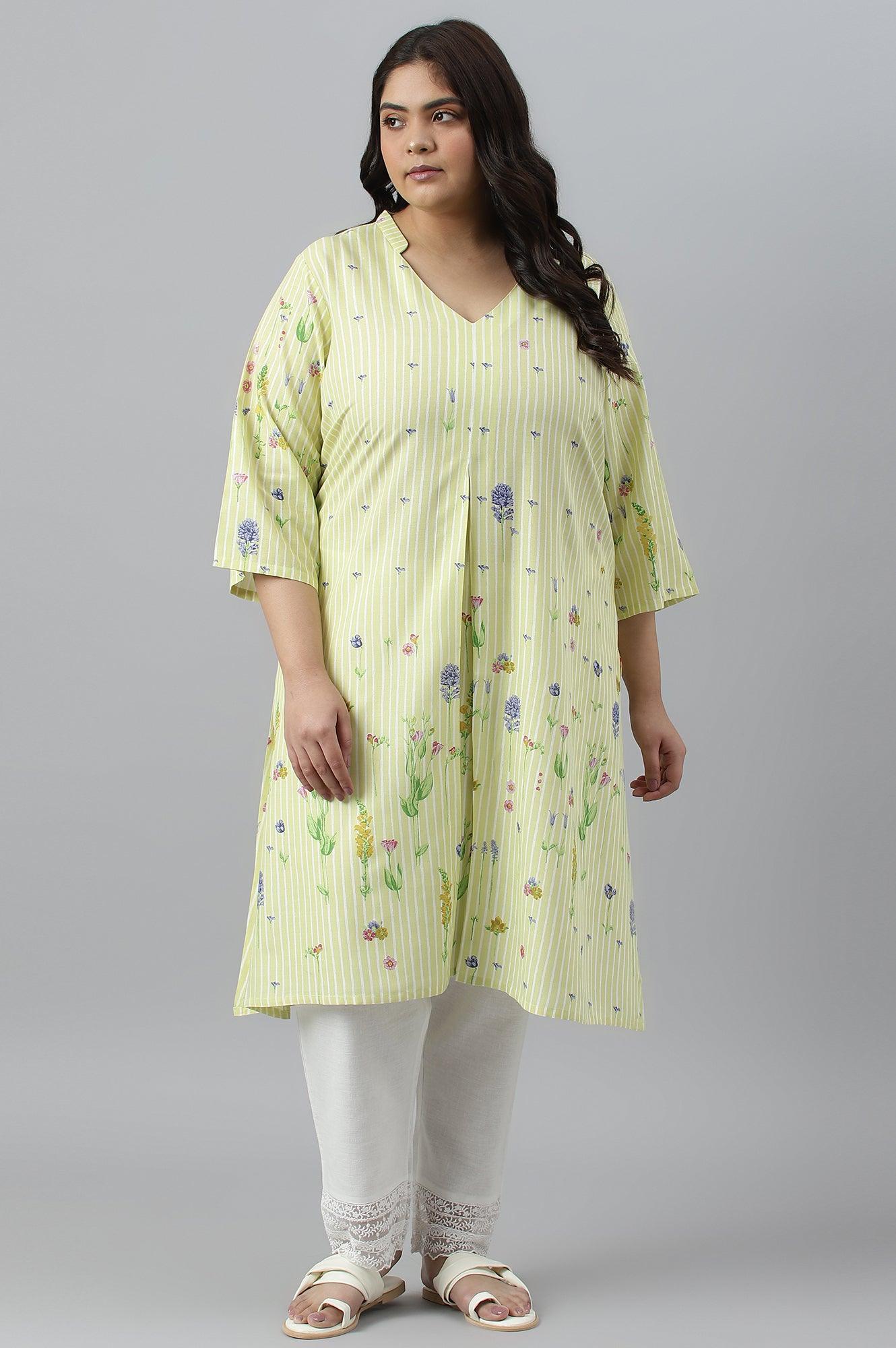 Plus Size Light Green A-Line kurta With Multi-Coloured Print - wforwoman