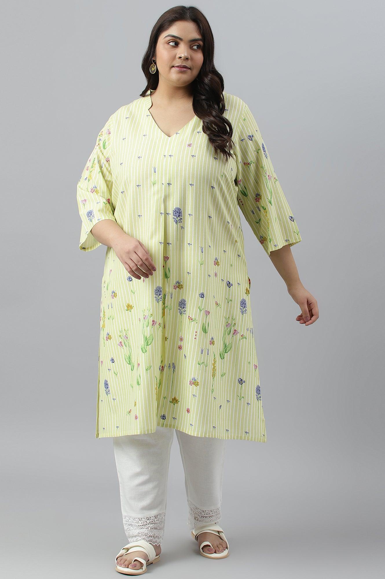 Plus Size Light Green A-Line kurta With Multi-Coloured Print - wforwoman