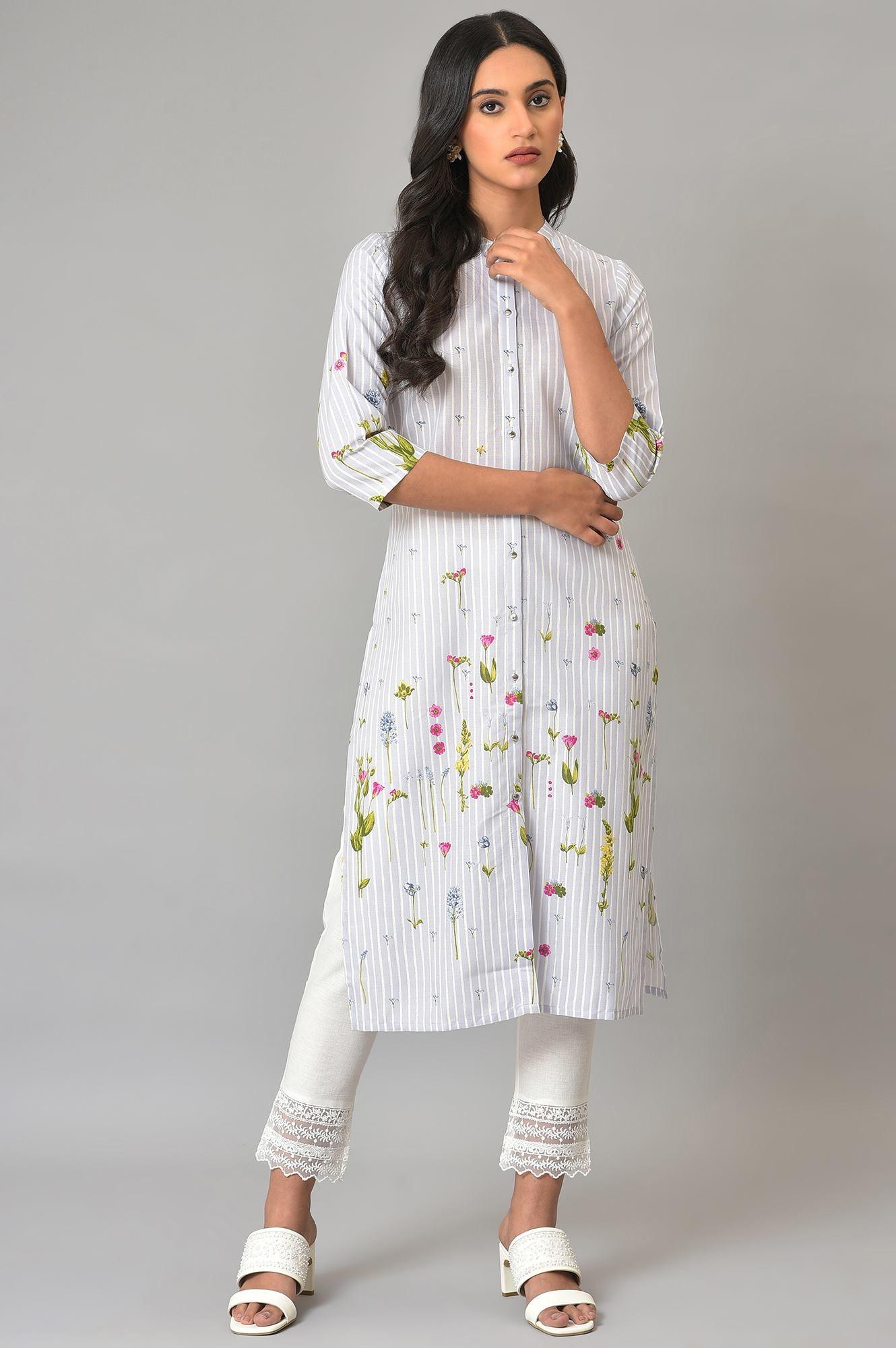 Plus Size Blue Floral Printed Straight kurta - wforwoman