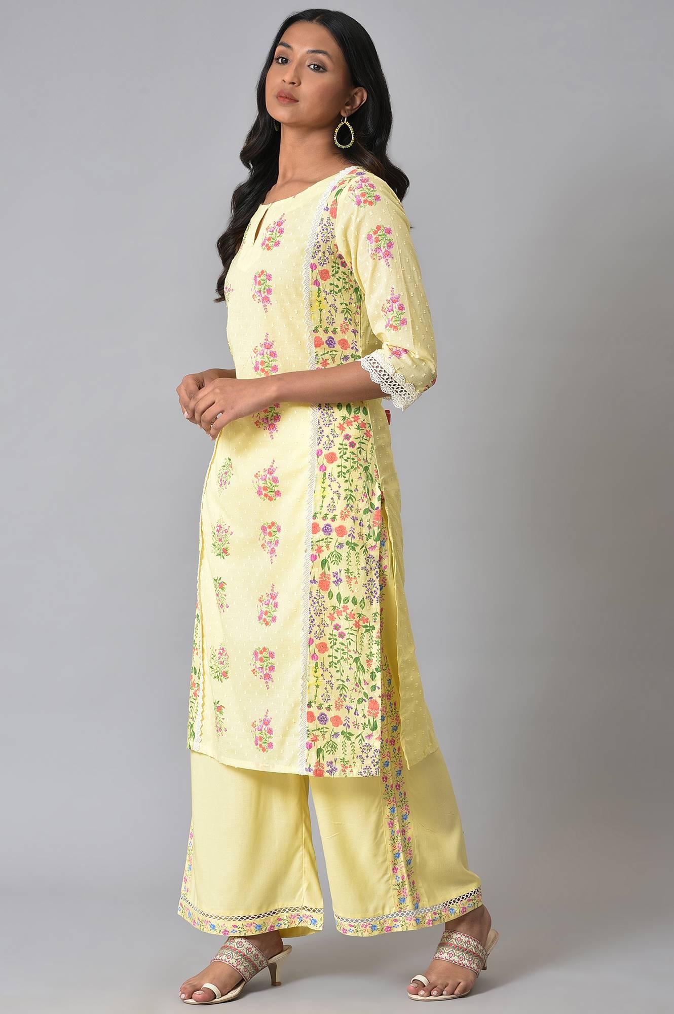 Yellow Panelled Floral kurta With Lace Detail - wforwoman