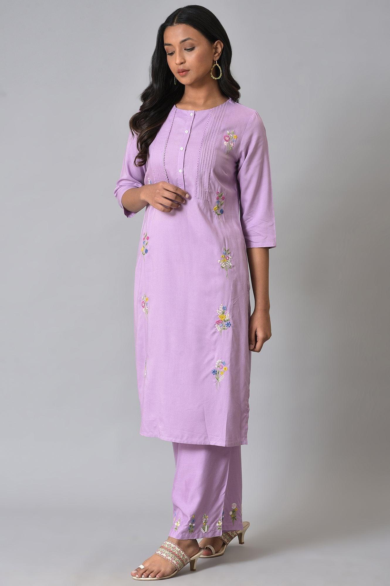 Light Purple Embroidered kurta With Pintucks - wforwoman