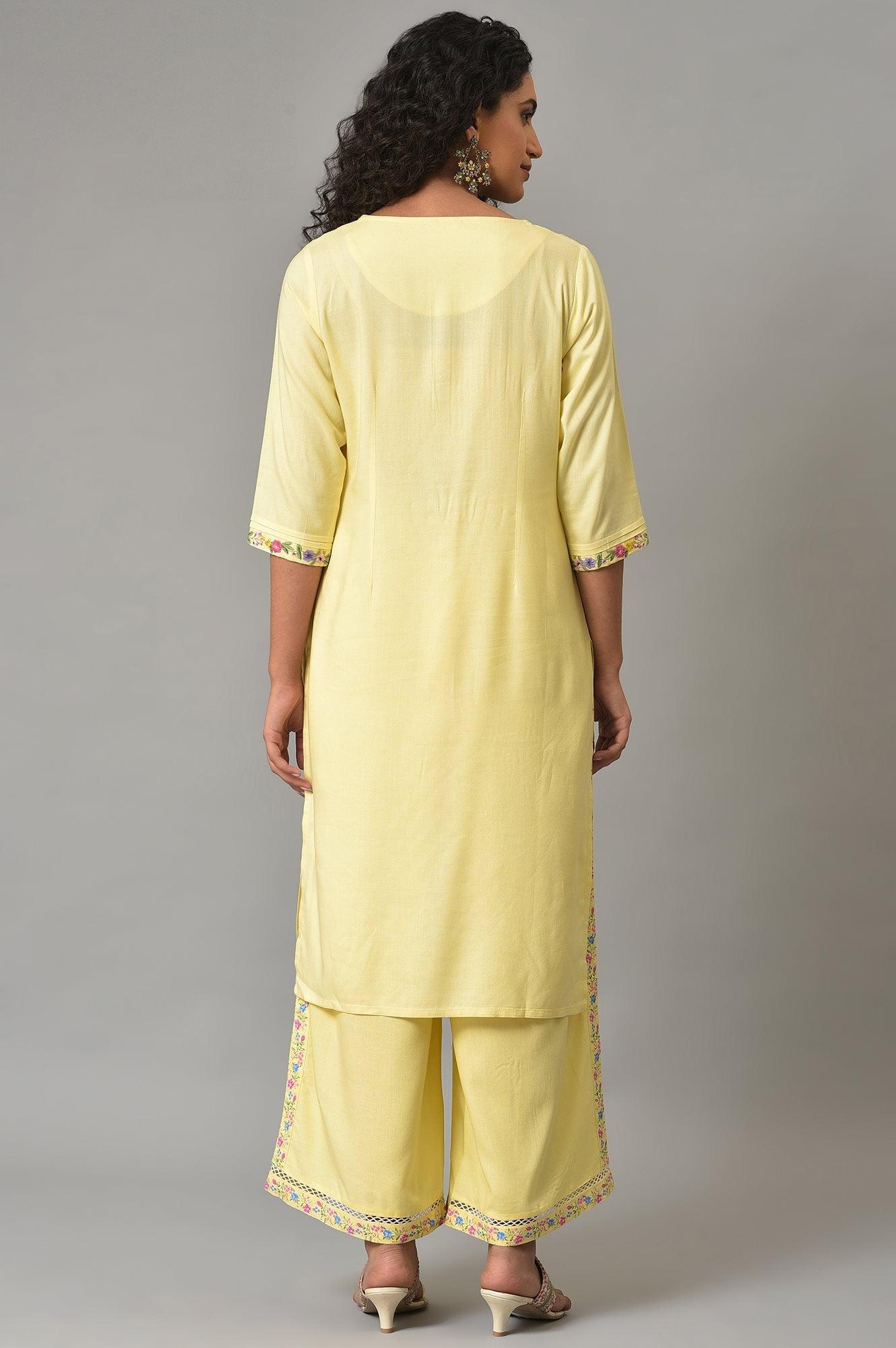Yellow Embroidered Summer kurta With Pleats On Yoke - wforwoman