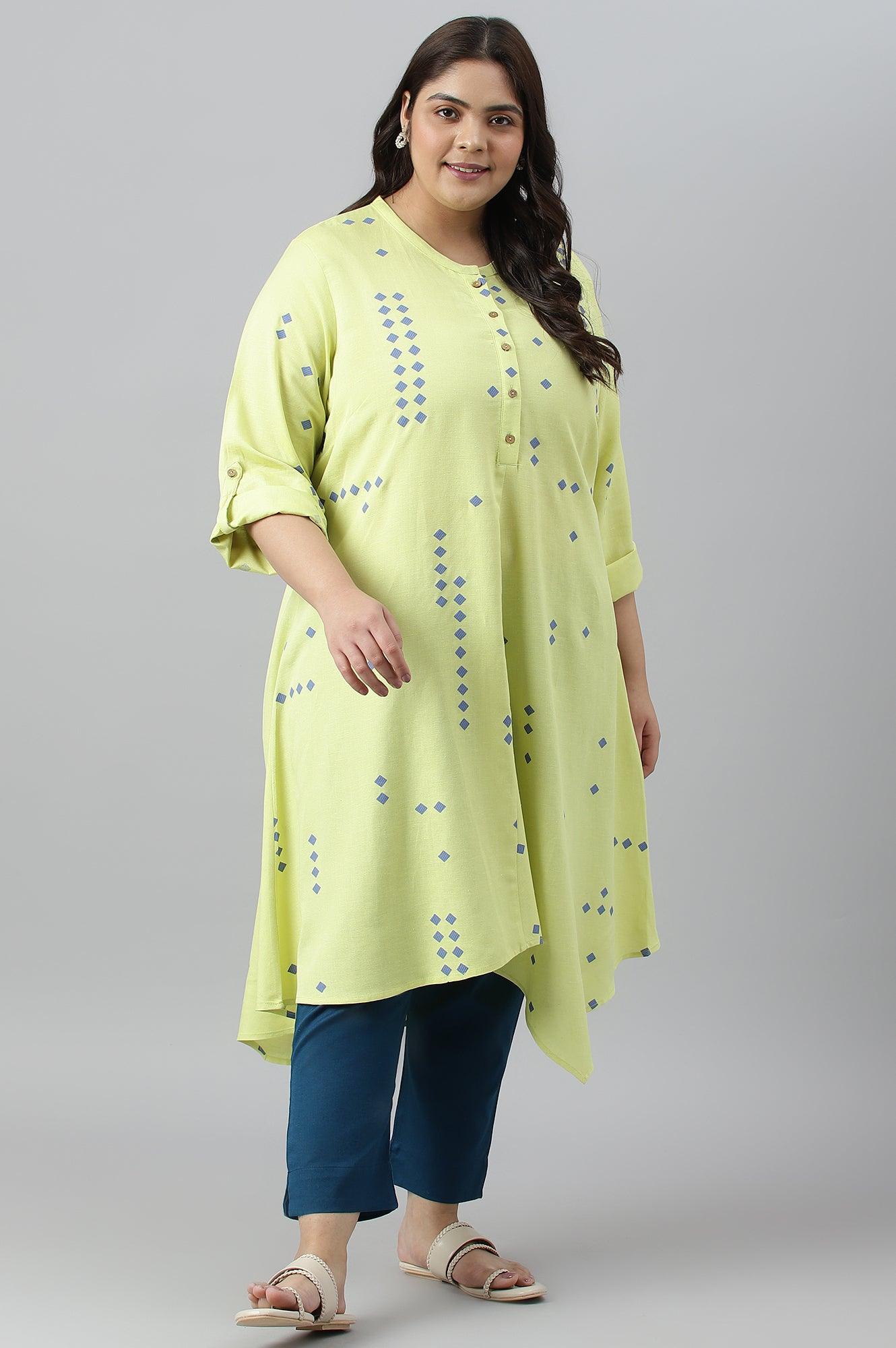 Light Green Printed Asymmetrical Plus Size kurta - wforwoman