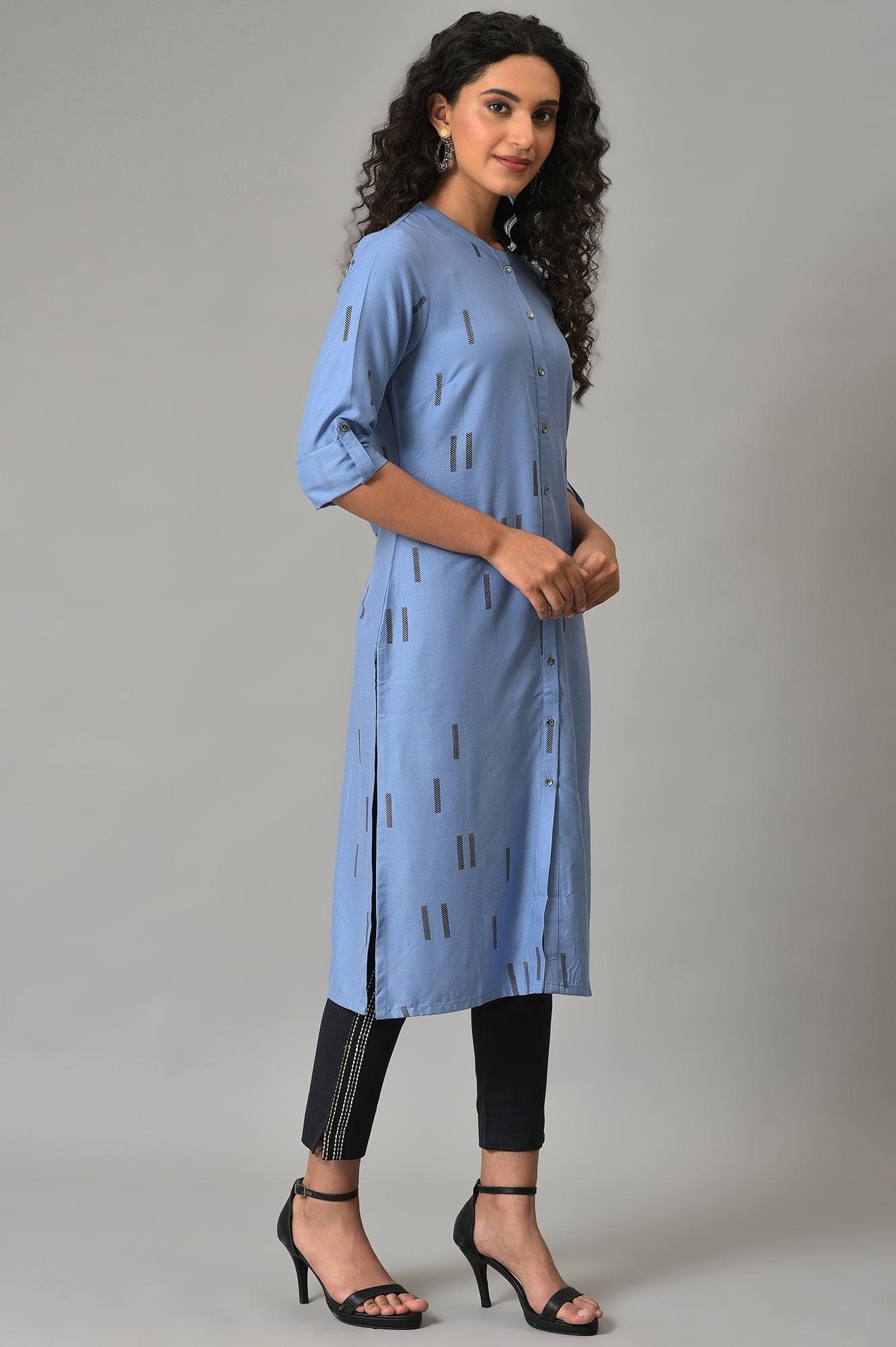 Blue Geometric Print Plus Size Shirt kurta - wforwoman