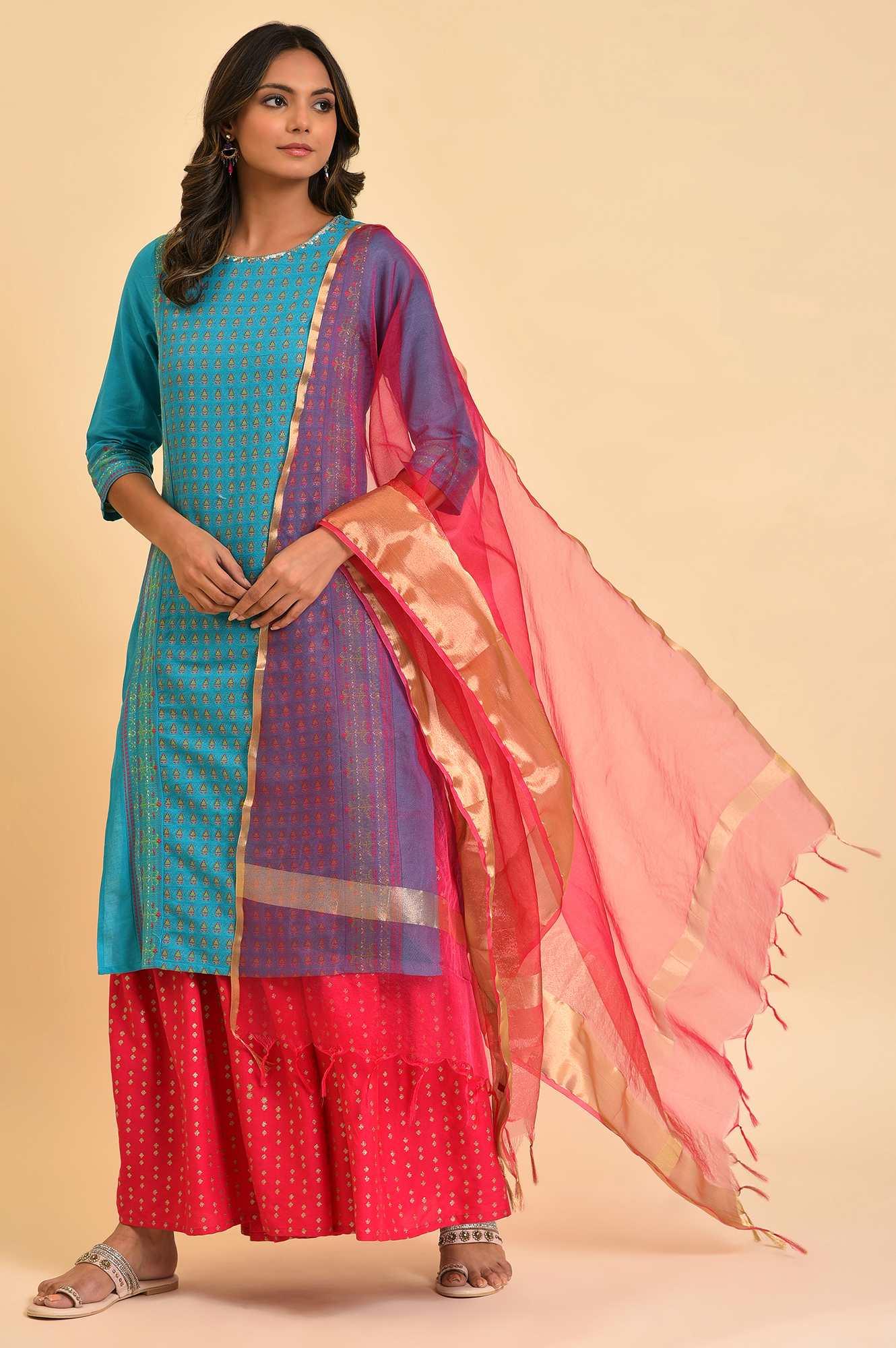 Plus Size Blue Round Neck Dobby kurta With Sequins - wforwoman