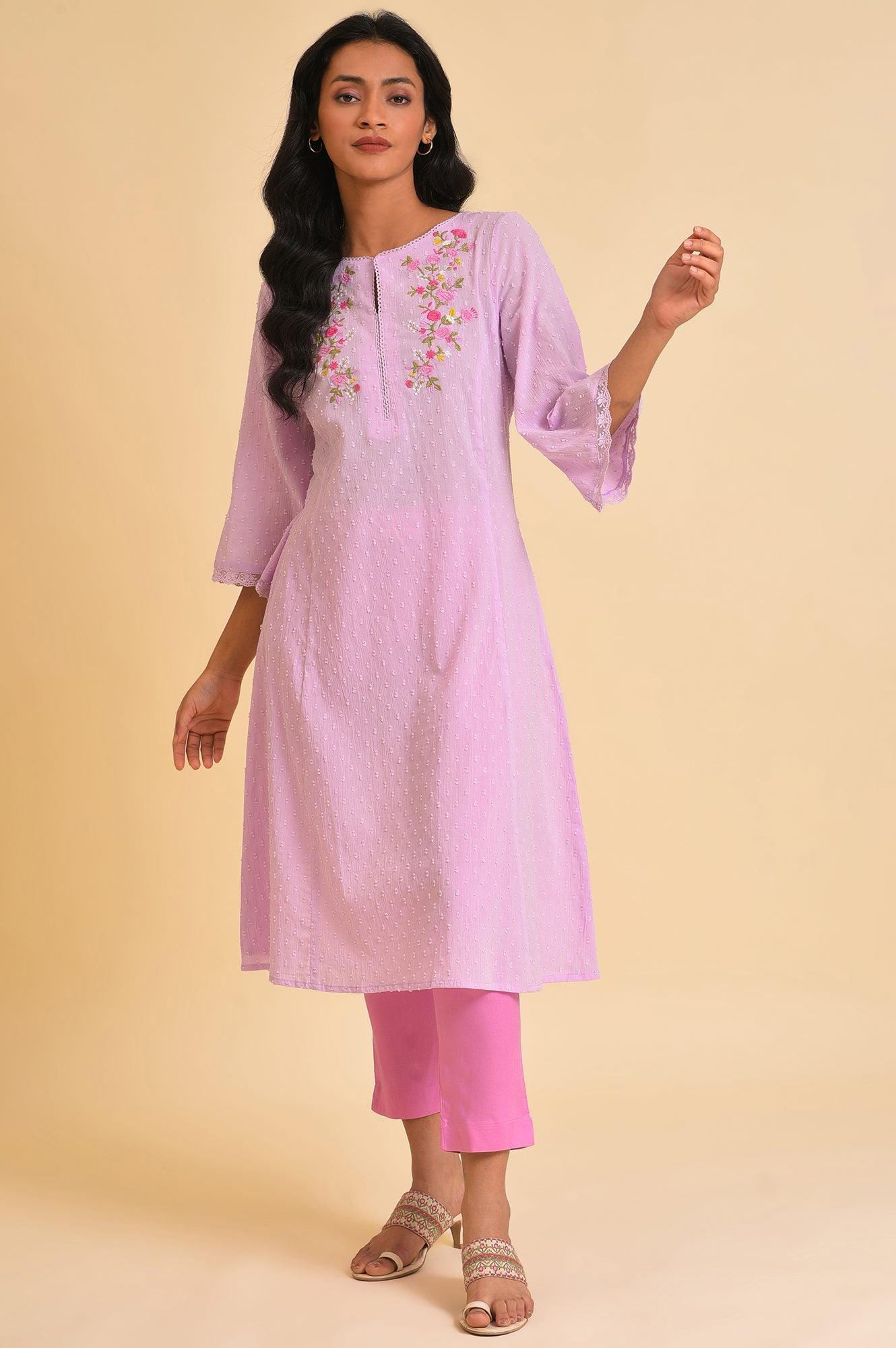 Plus Size Light Purple Embroidered Cotton kurta - wforwoman