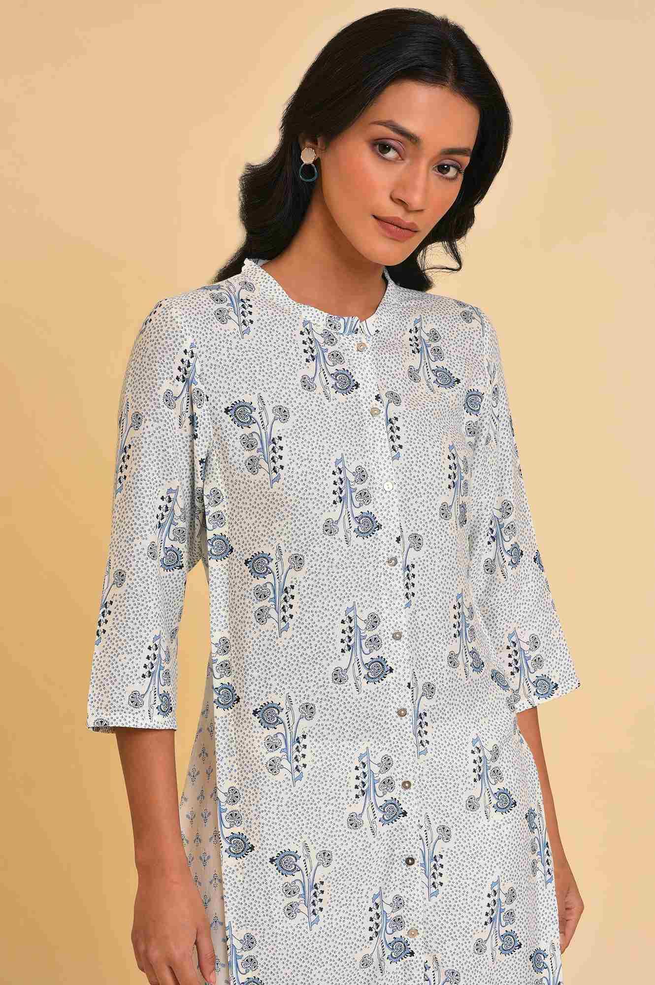 Plus Size White Printed Button Down kurta - wforwoman