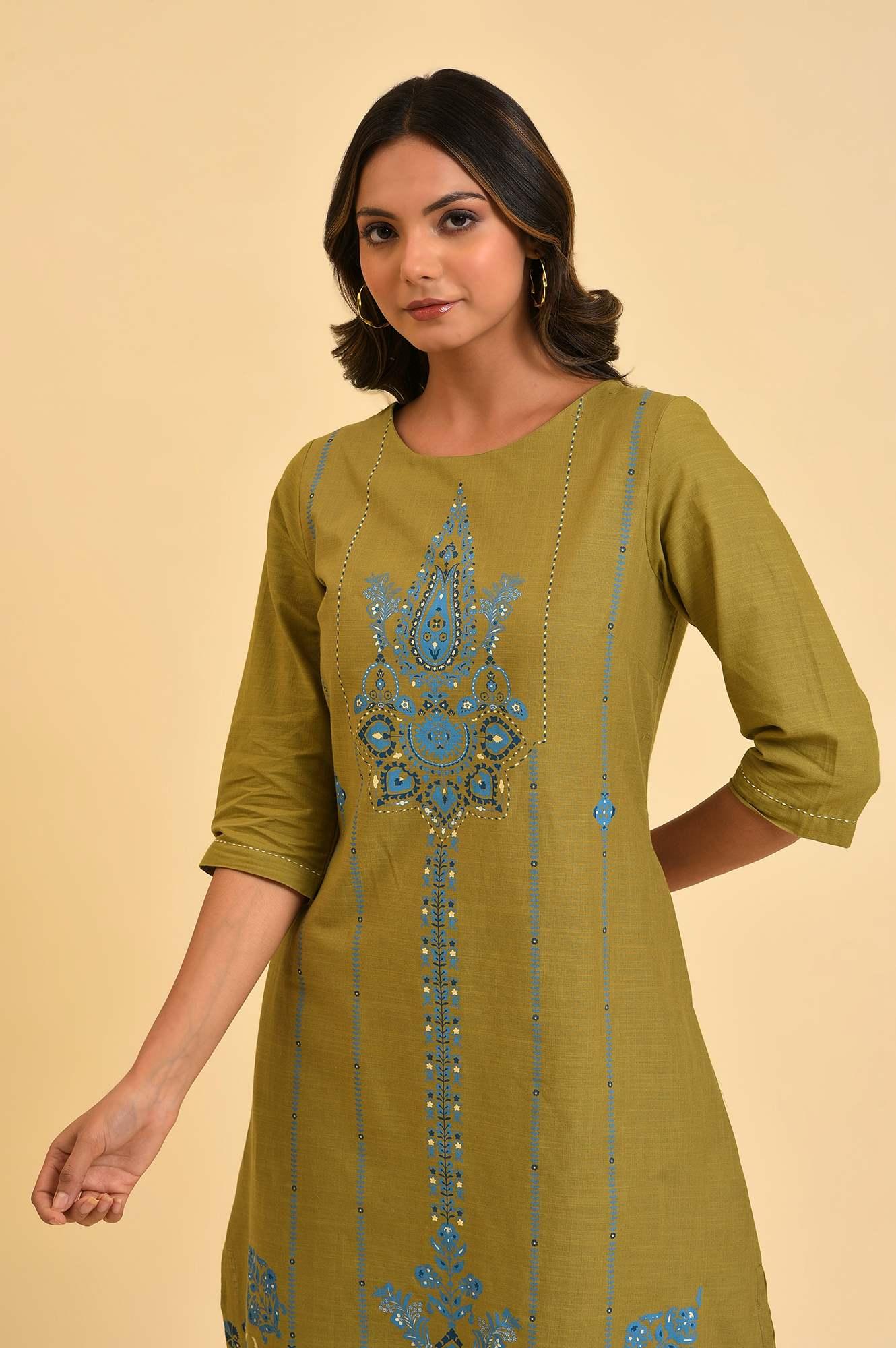 Green Cotton Printed Straight kurta - wforwoman