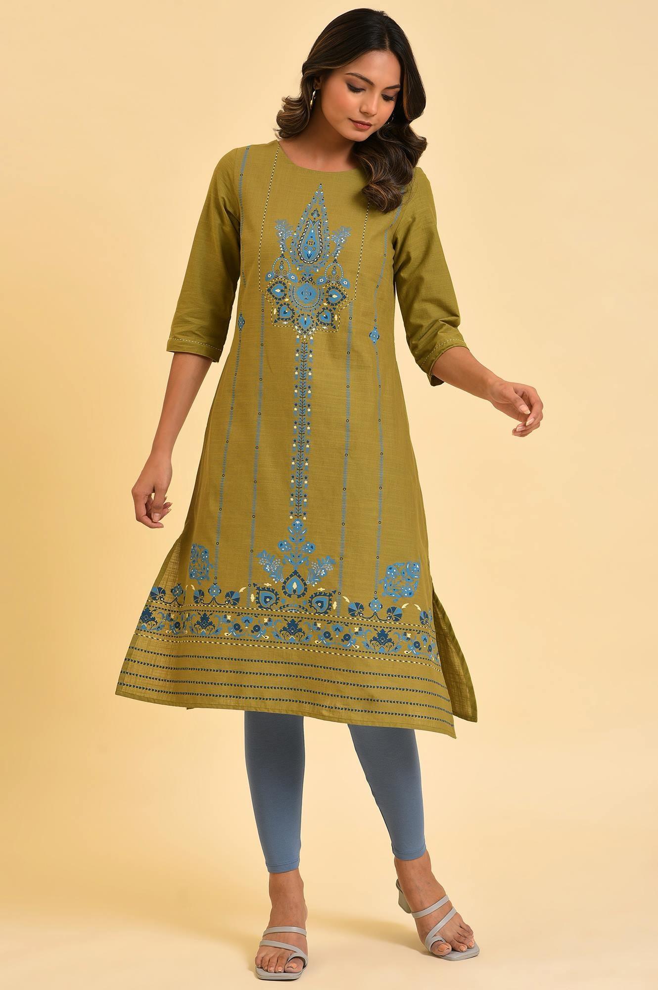 Green Cotton Printed Straight kurta - wforwoman