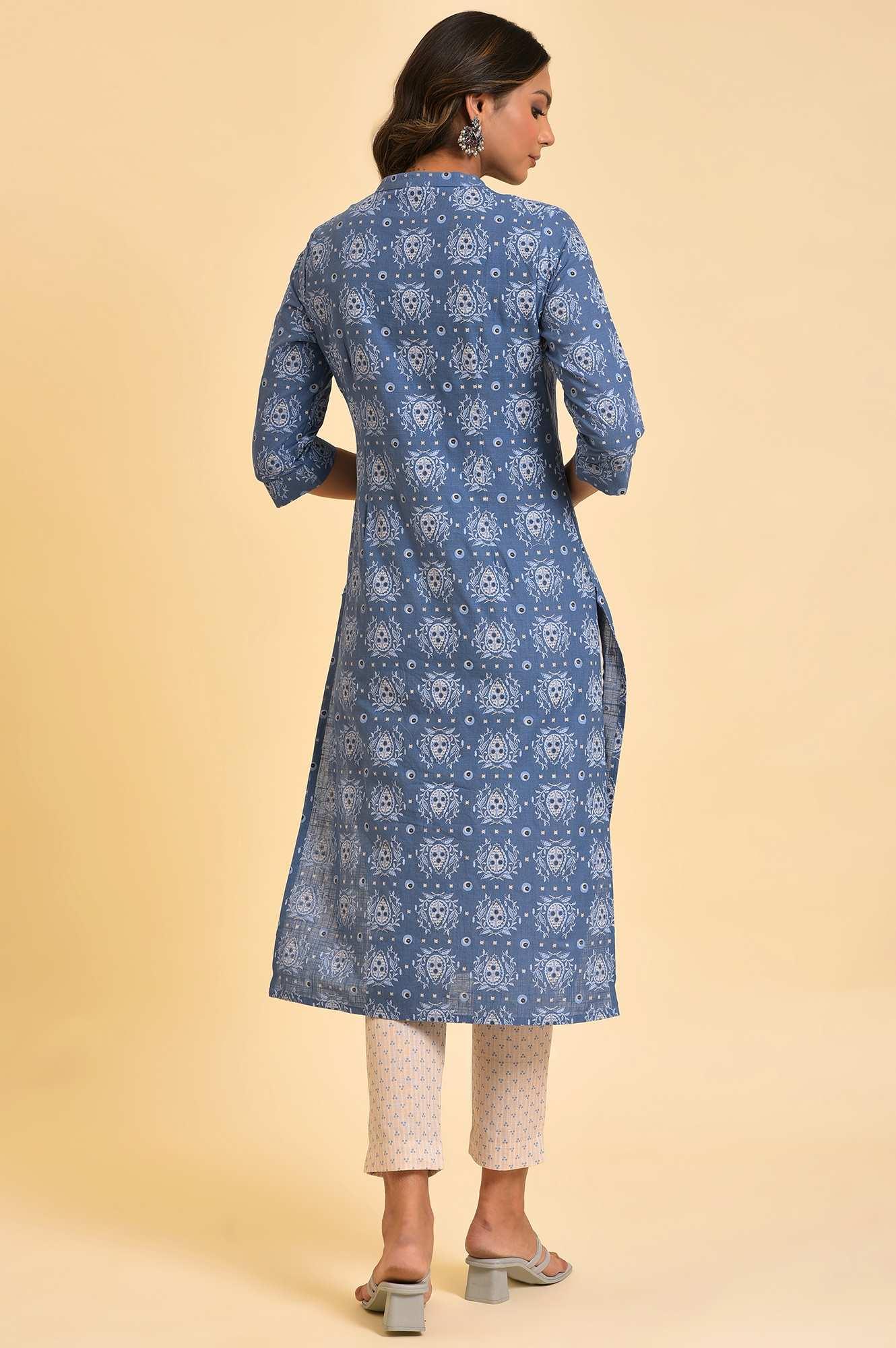 Blue Printed Straight kurta In Mandarin Collar - wforwoman