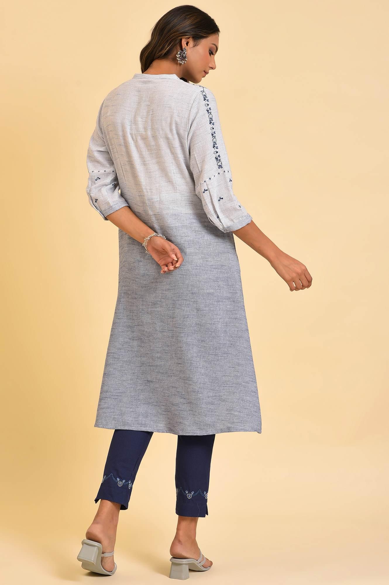 Grey And Blue Ombre A-Line Embroidered kurta - wforwoman