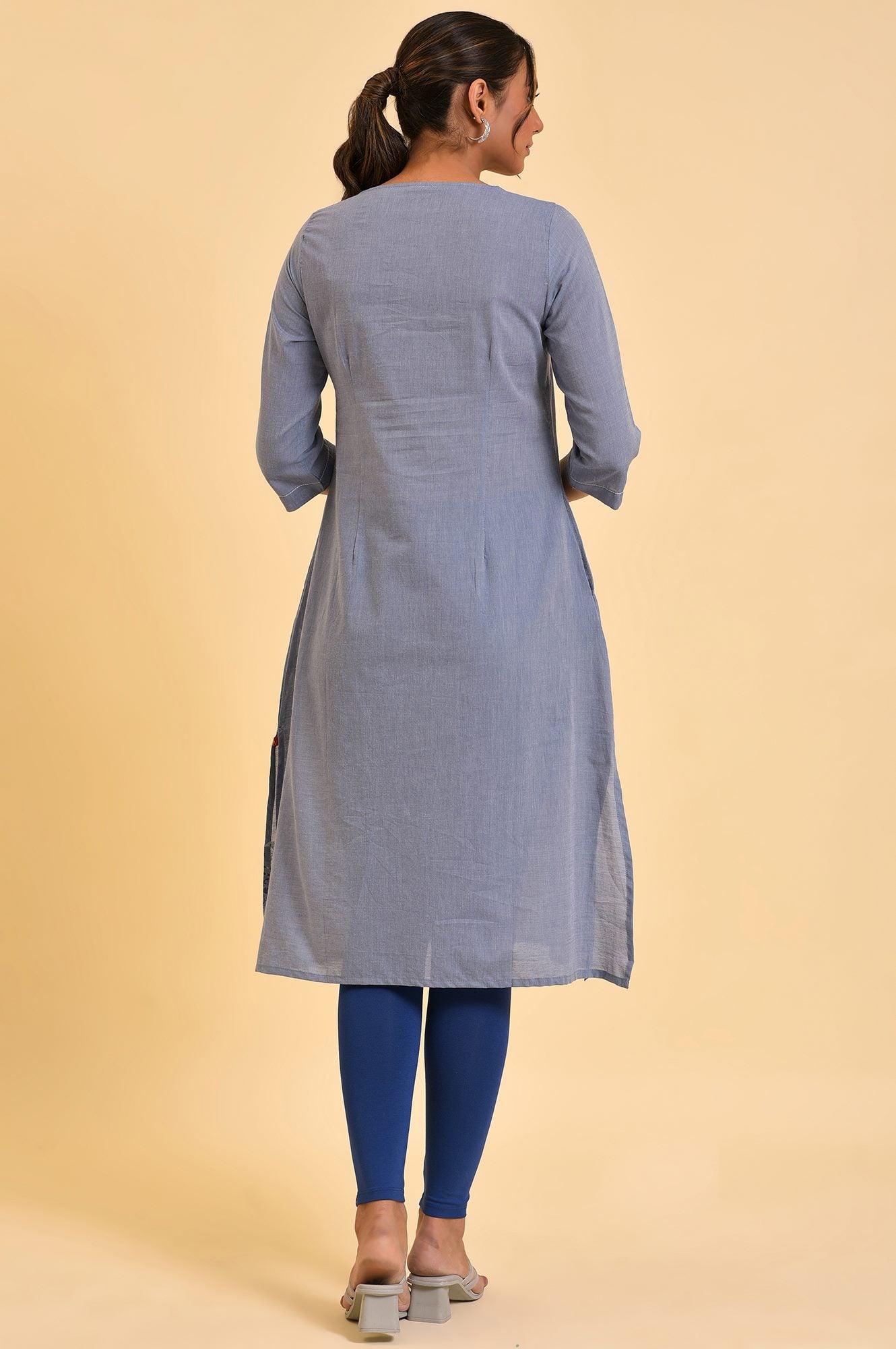 Blue Chambray Printed kurta - wforwoman