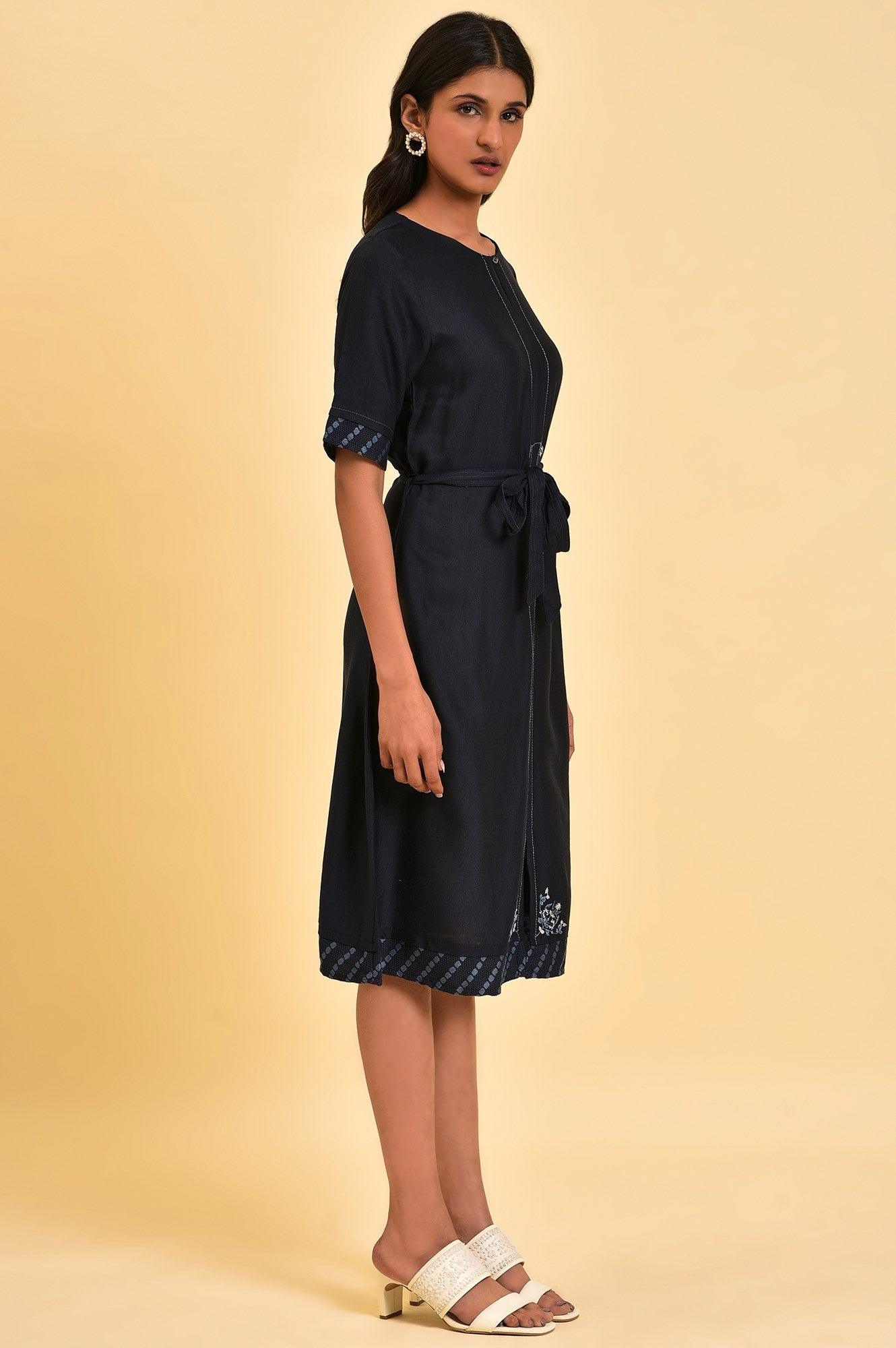 Dark Blue Embroidered A-libe Western Dress - wforwoman