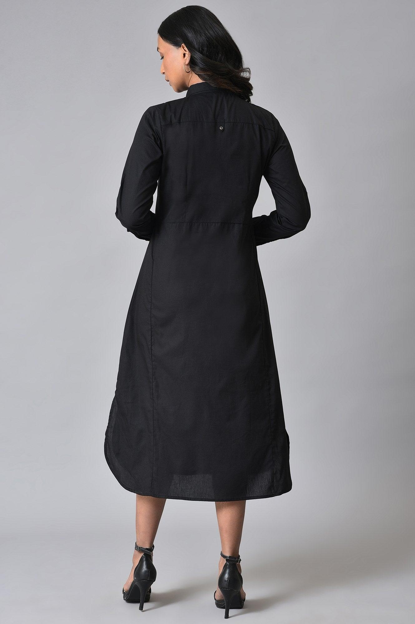 Black Cotton Embroidered Plus Size Shirt Dress - wforwoman