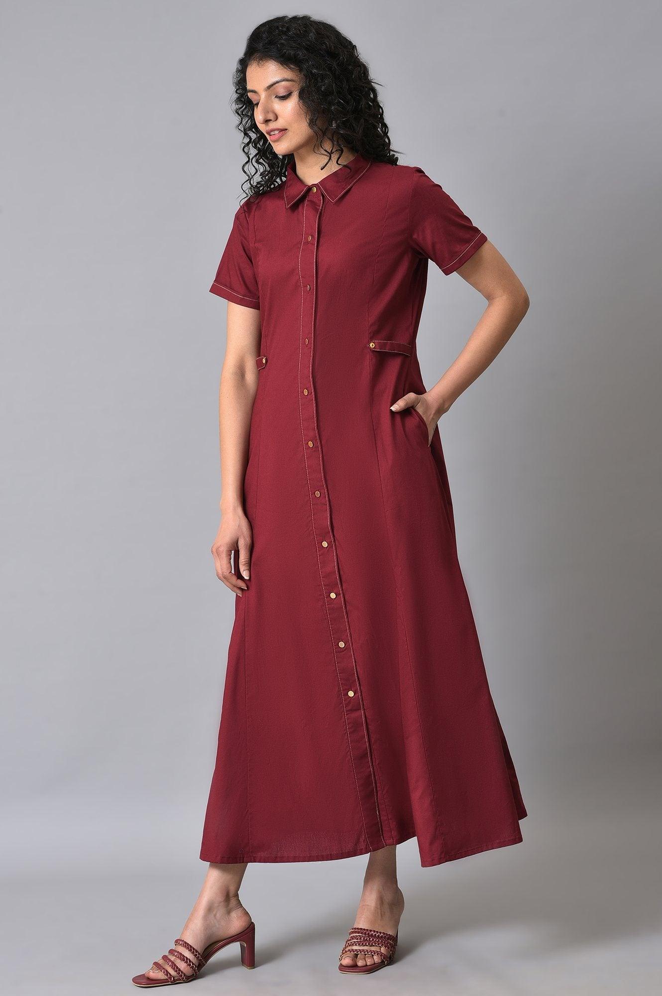 Maroon Plus Size Cotton Summer Shirt Dress - wforwoman