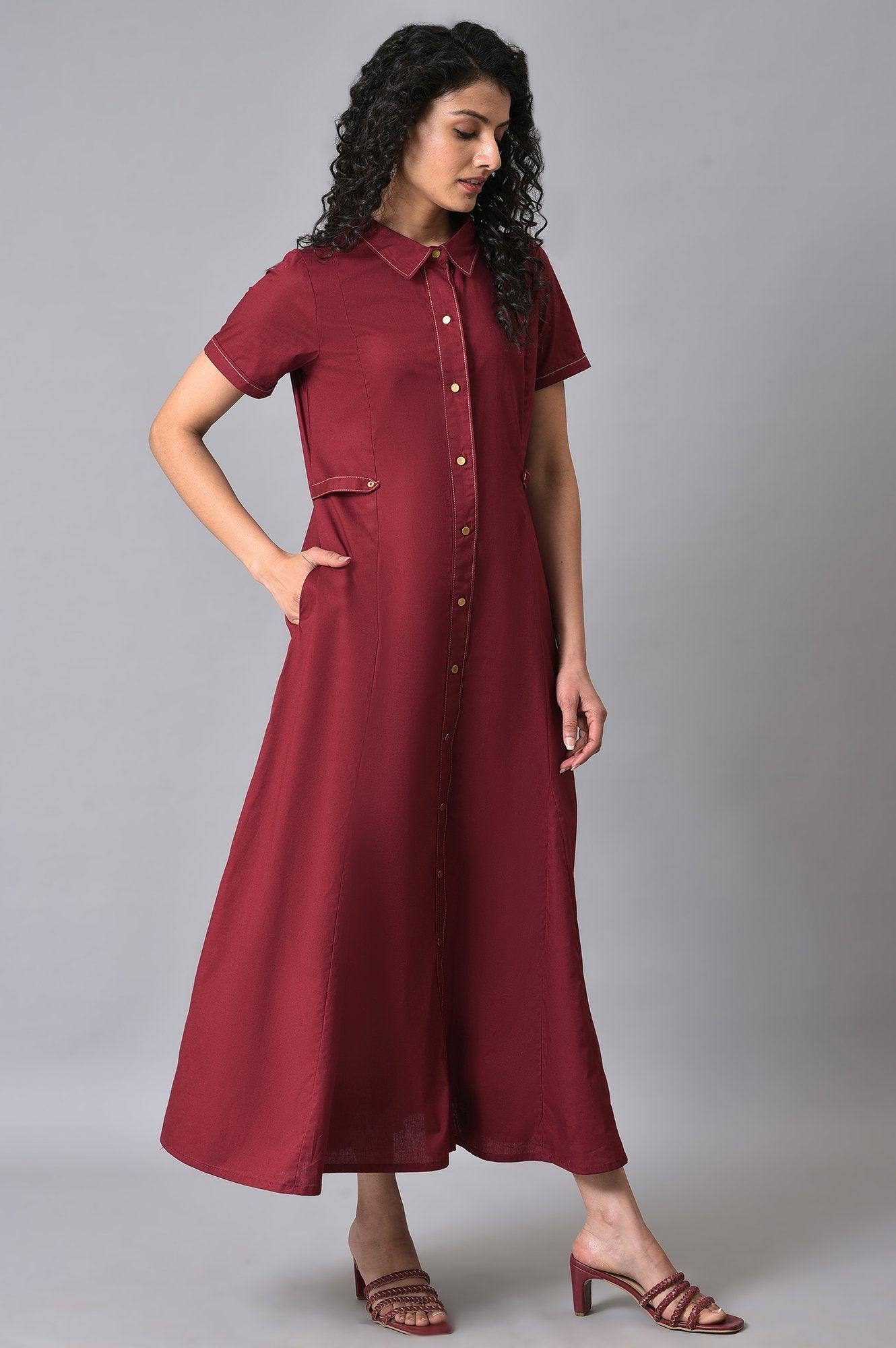 Maroon Plus Size Cotton Summer Shirt Dress - wforwoman