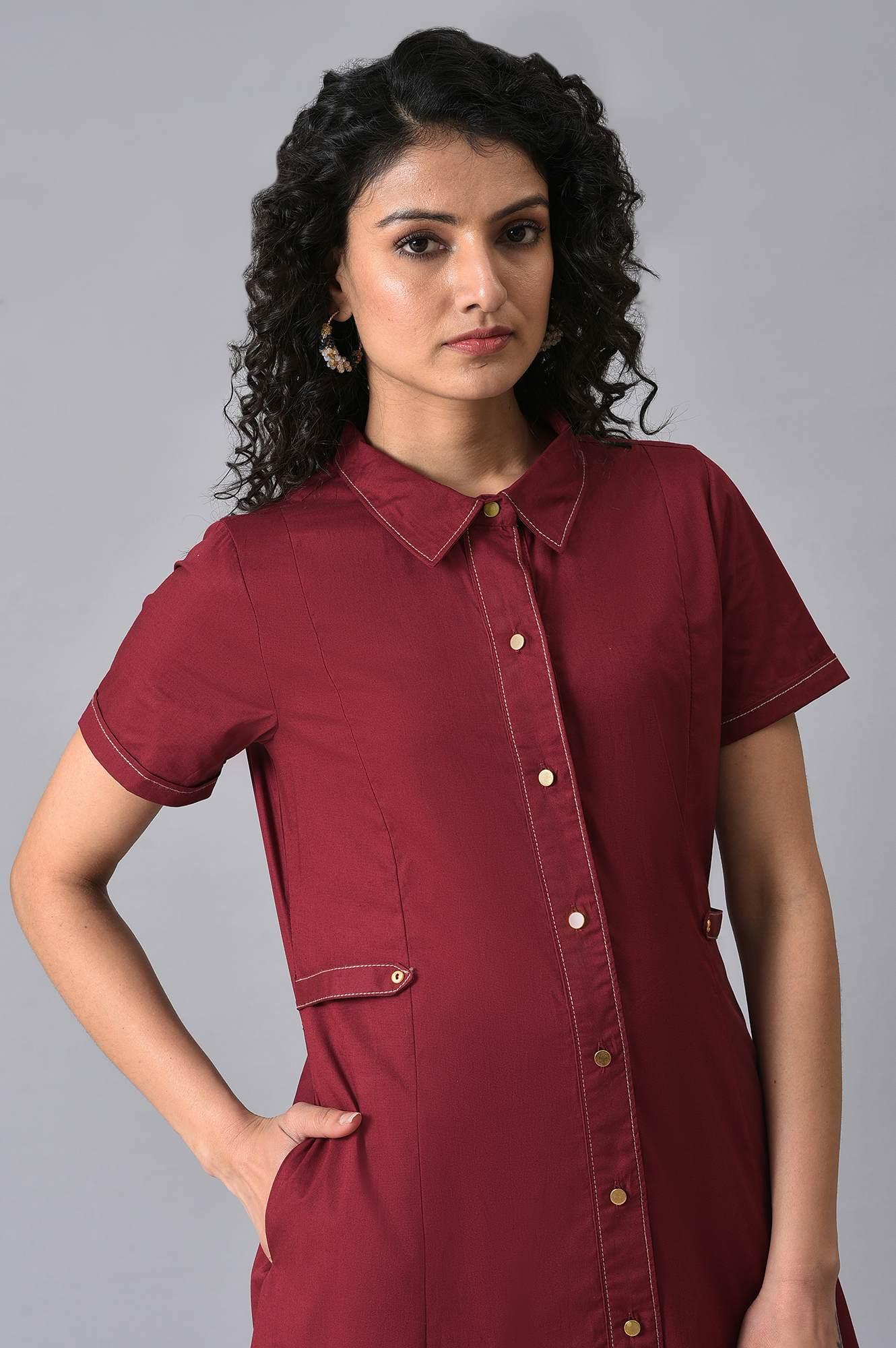 Maroon Plus Size Cotton Summer Shirt Dress - wforwoman