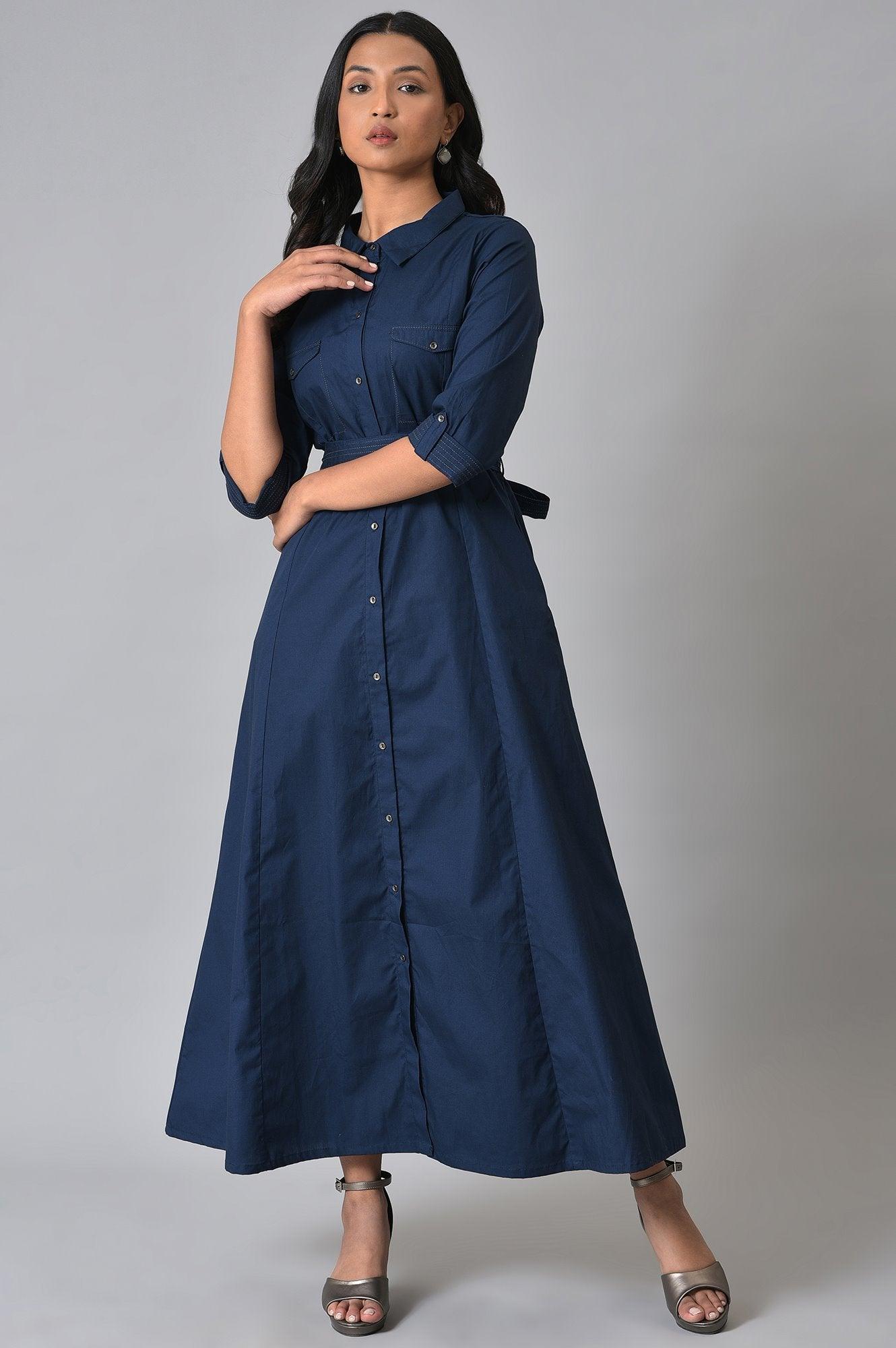 Navy Blue Long Shirt Dress With Belt - wforwoman