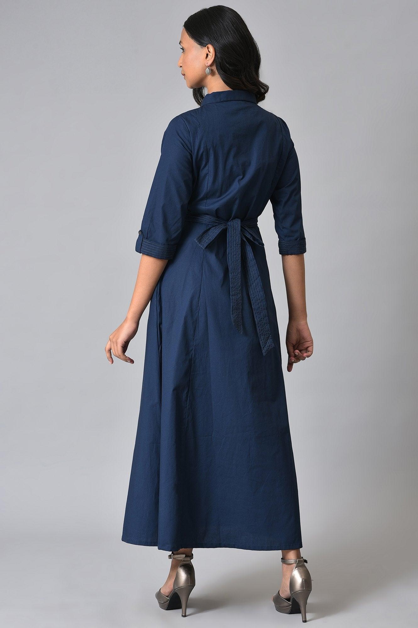 Navy Blue Long Shirt Dress With Belt - wforwoman