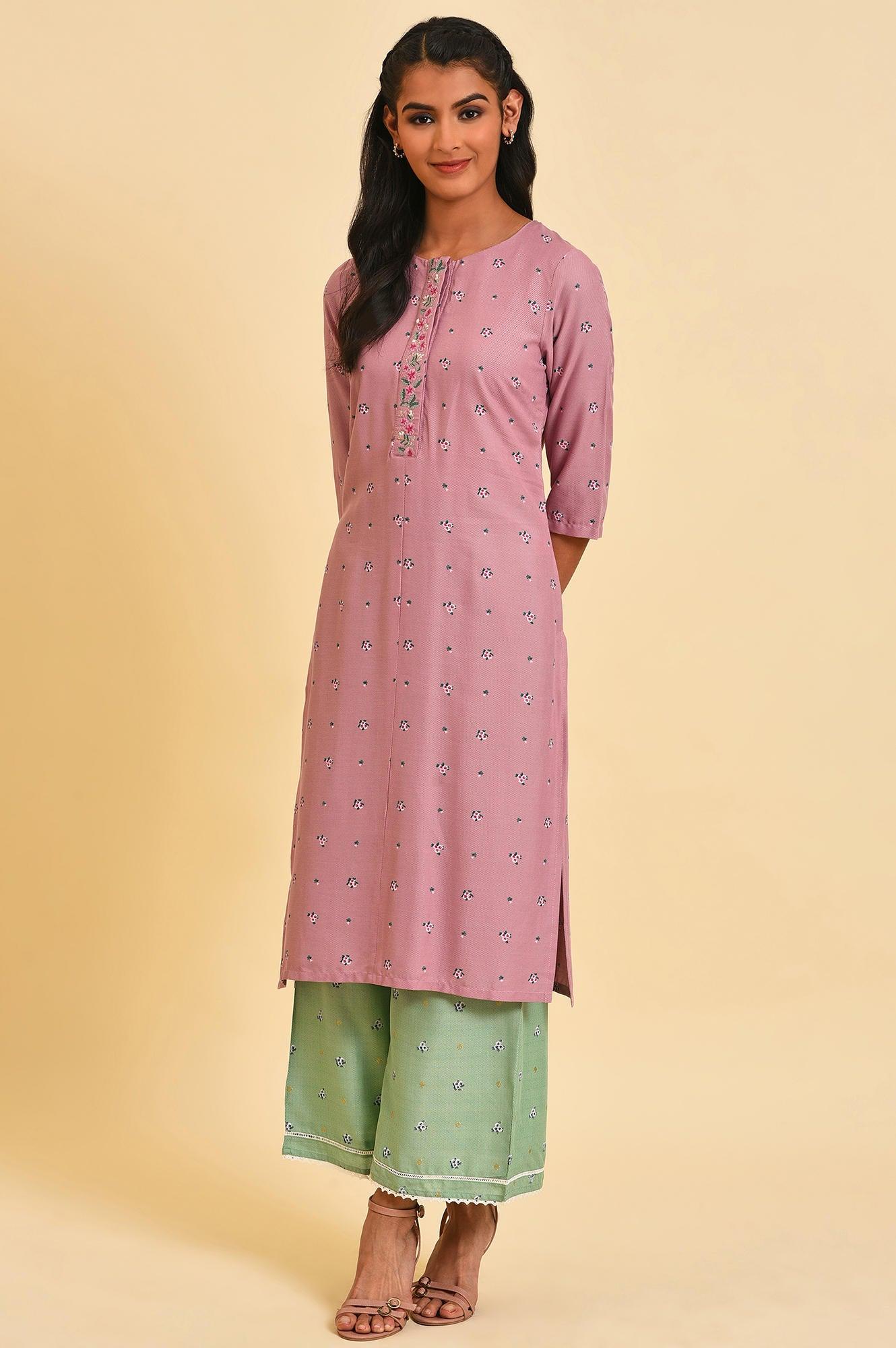 Light Purple Printed kurta With Embroidery - wforwoman