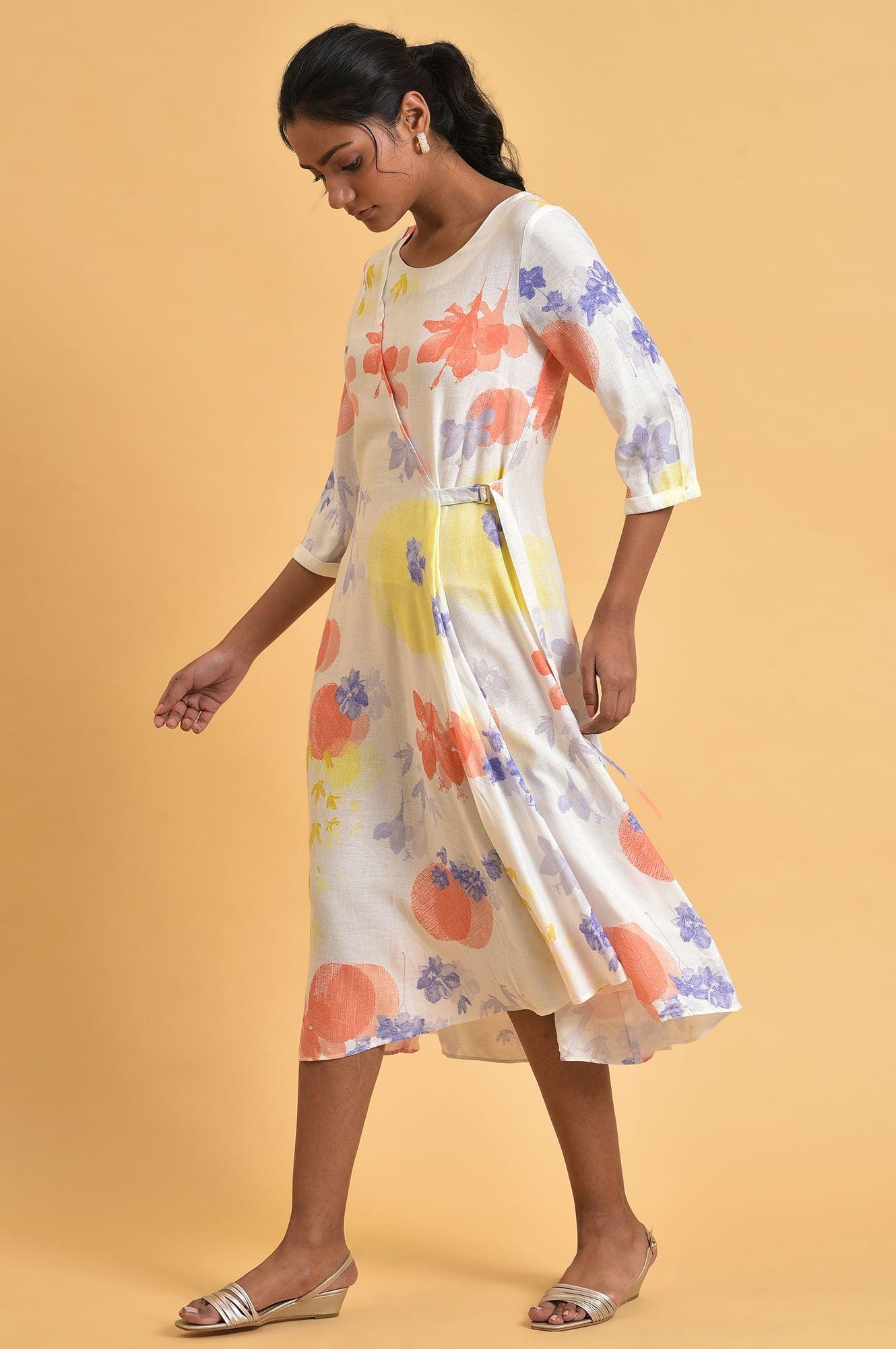 Ecru Floral Printed Summer Wrap Dress - wforwoman