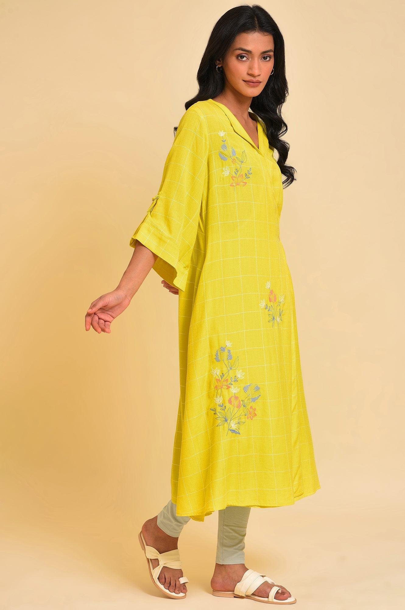 Plus Size Yellow Embroidered Checker Wrap Dress - wforwoman