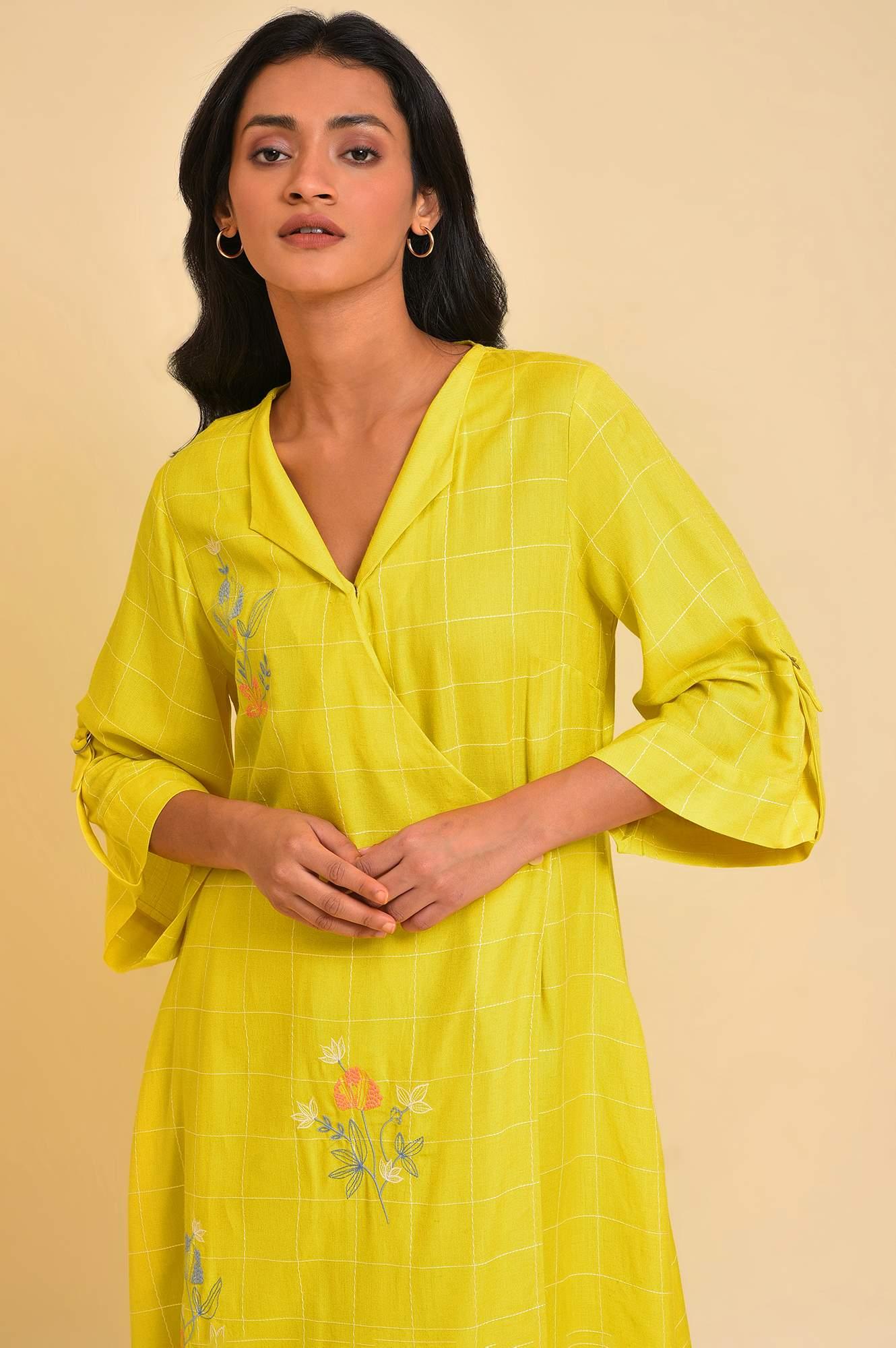 Plus Size Yellow Embroidered Checker Wrap Dress - wforwoman