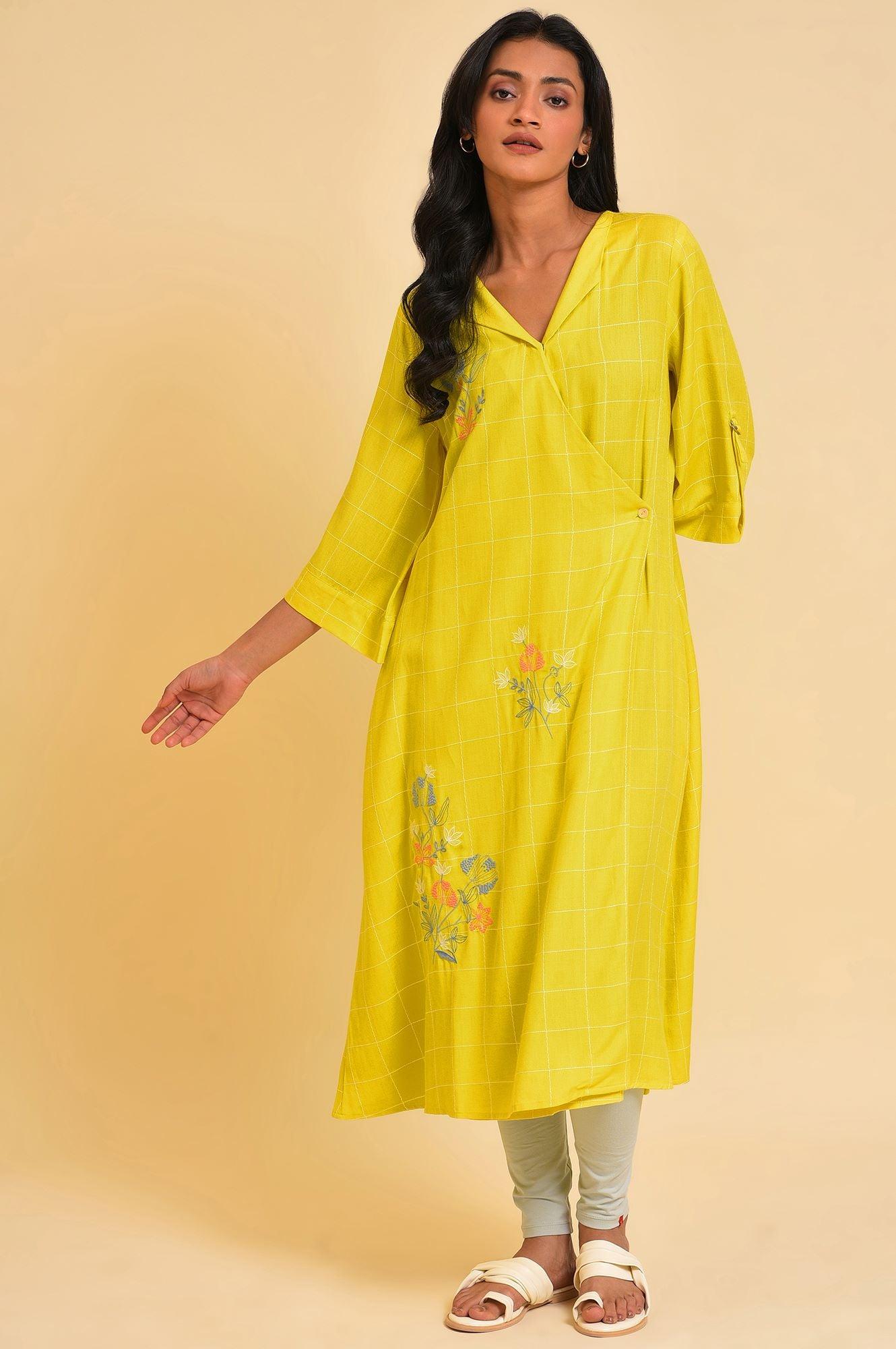 Plus Size Yellow Embroidered Checker Wrap Dress - wforwoman