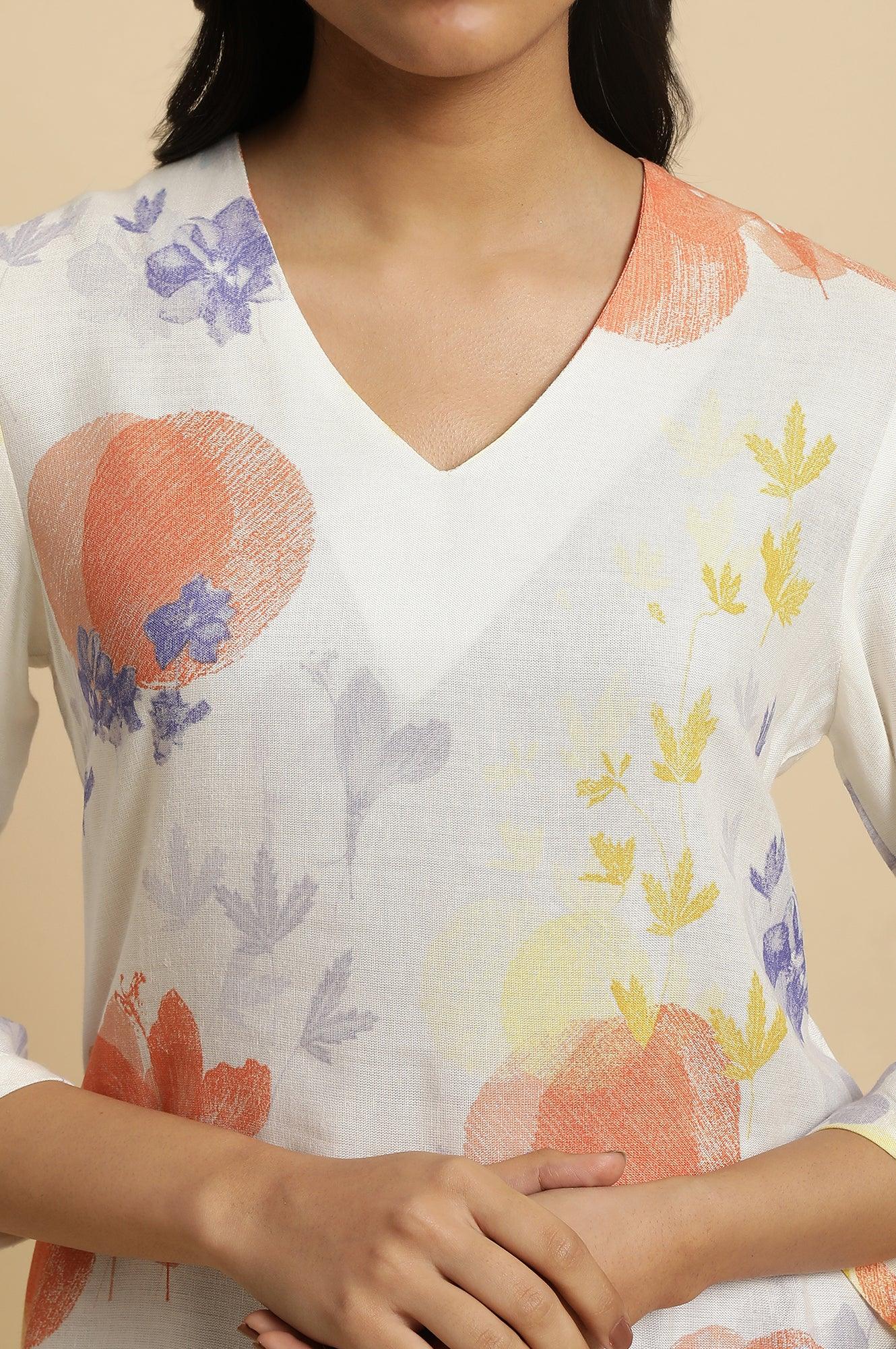 Ecru Floral Printed Summer Straight kurta - wforwoman