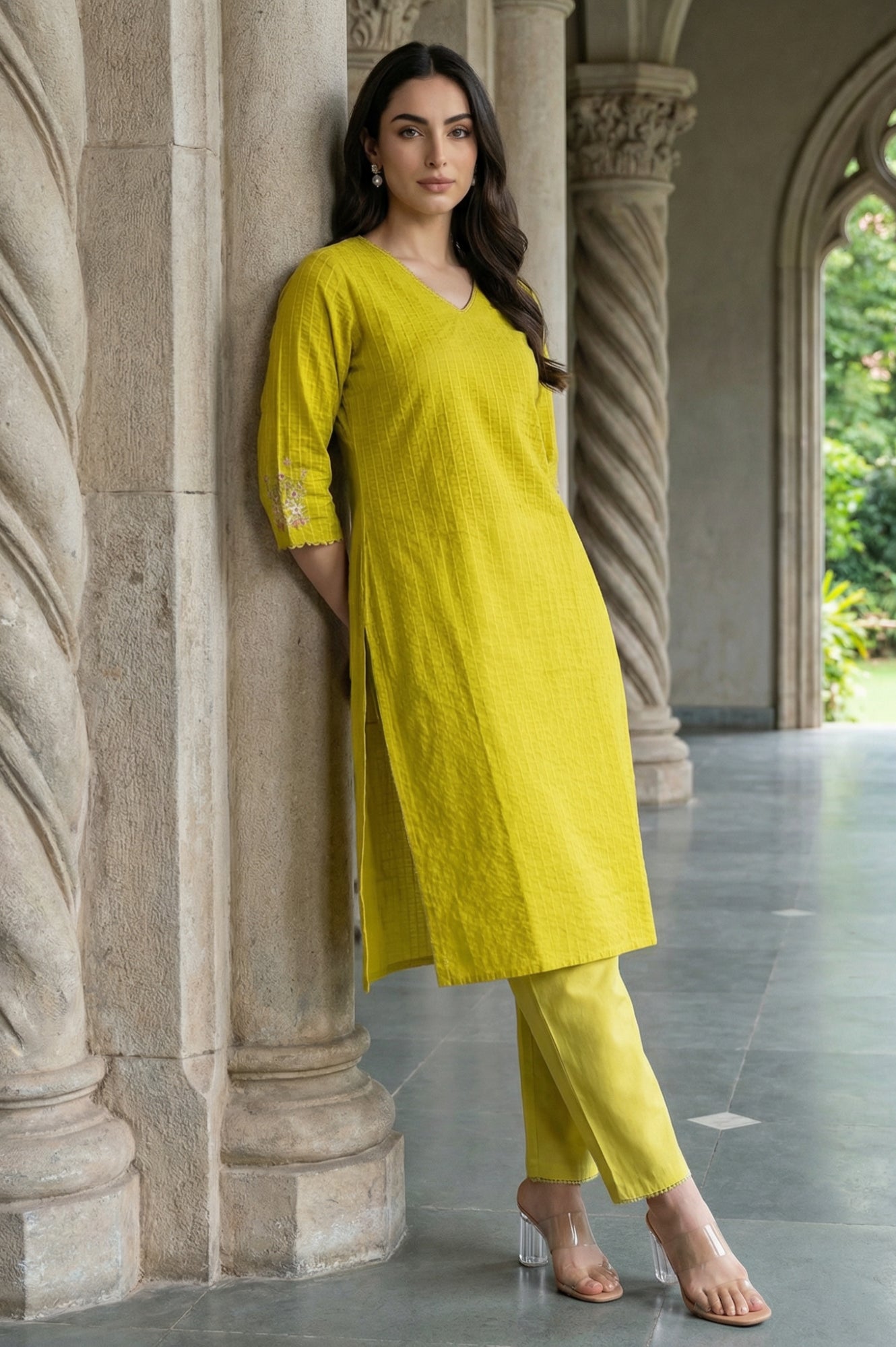 Yellow Textured Pure Cotton Straight Kurta with Embroidery on Sleeves