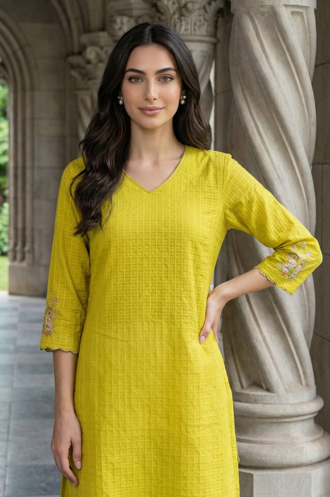 Yellow Textured Pure Cotton Straight Kurta with Embroidery on Sleeves