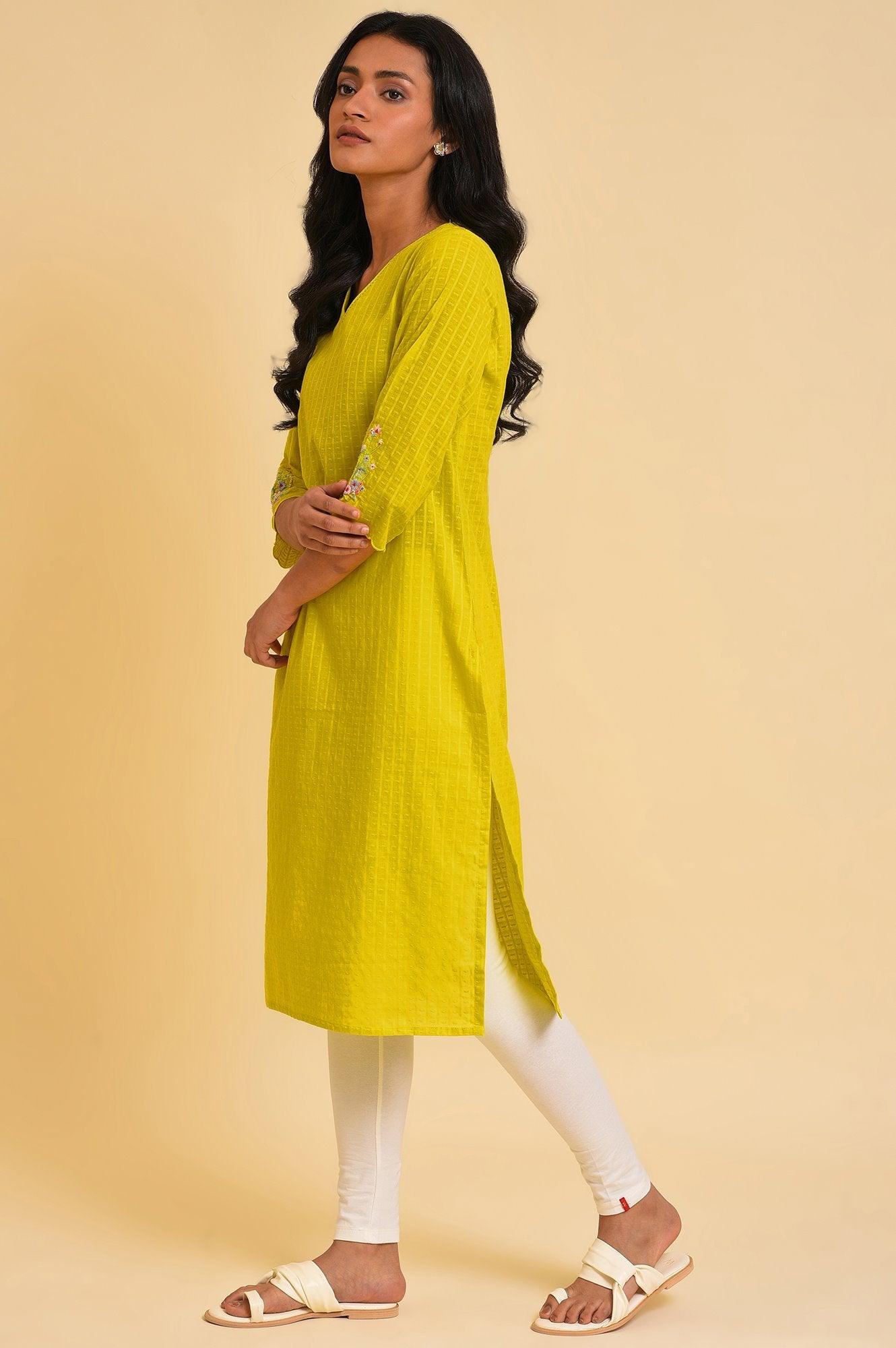 Yellow Textured Dobby kurta - wforwoman