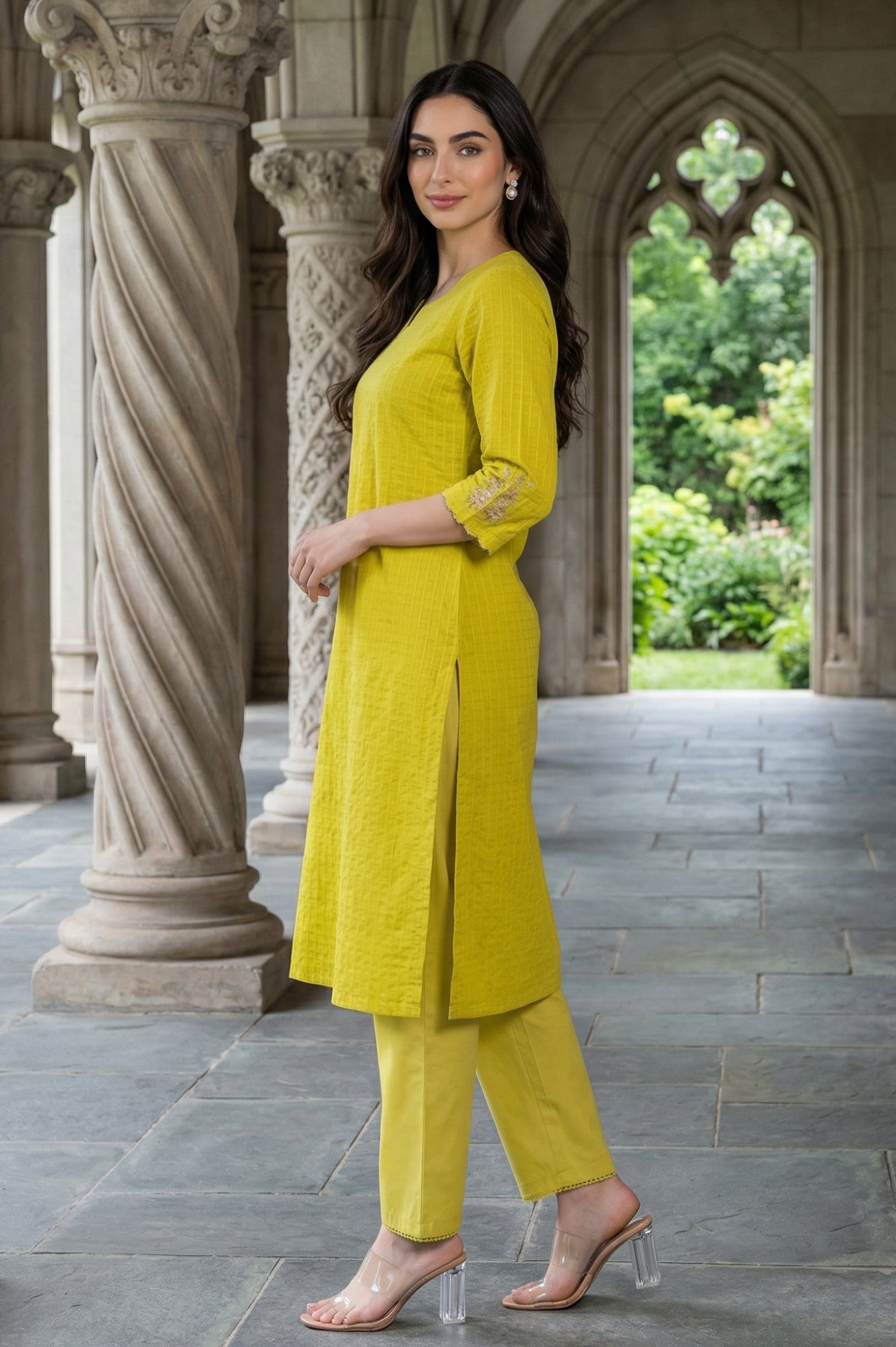 Yellow Textured Pure Cotton Straight Kurta with Embroidery on Sleeves